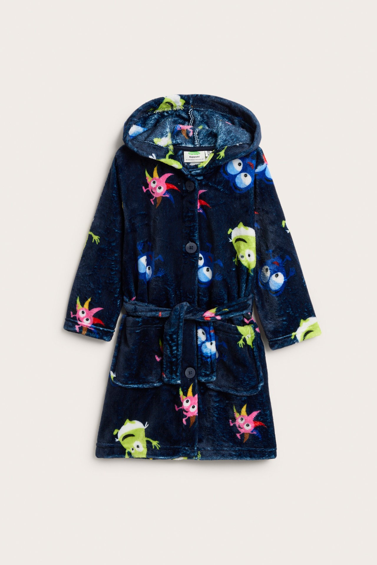 Frontbilde. Mørkeblå hette-fleece badekåpe for barn med fargerikt Babblarna-trykk, knapper og knytebelte.