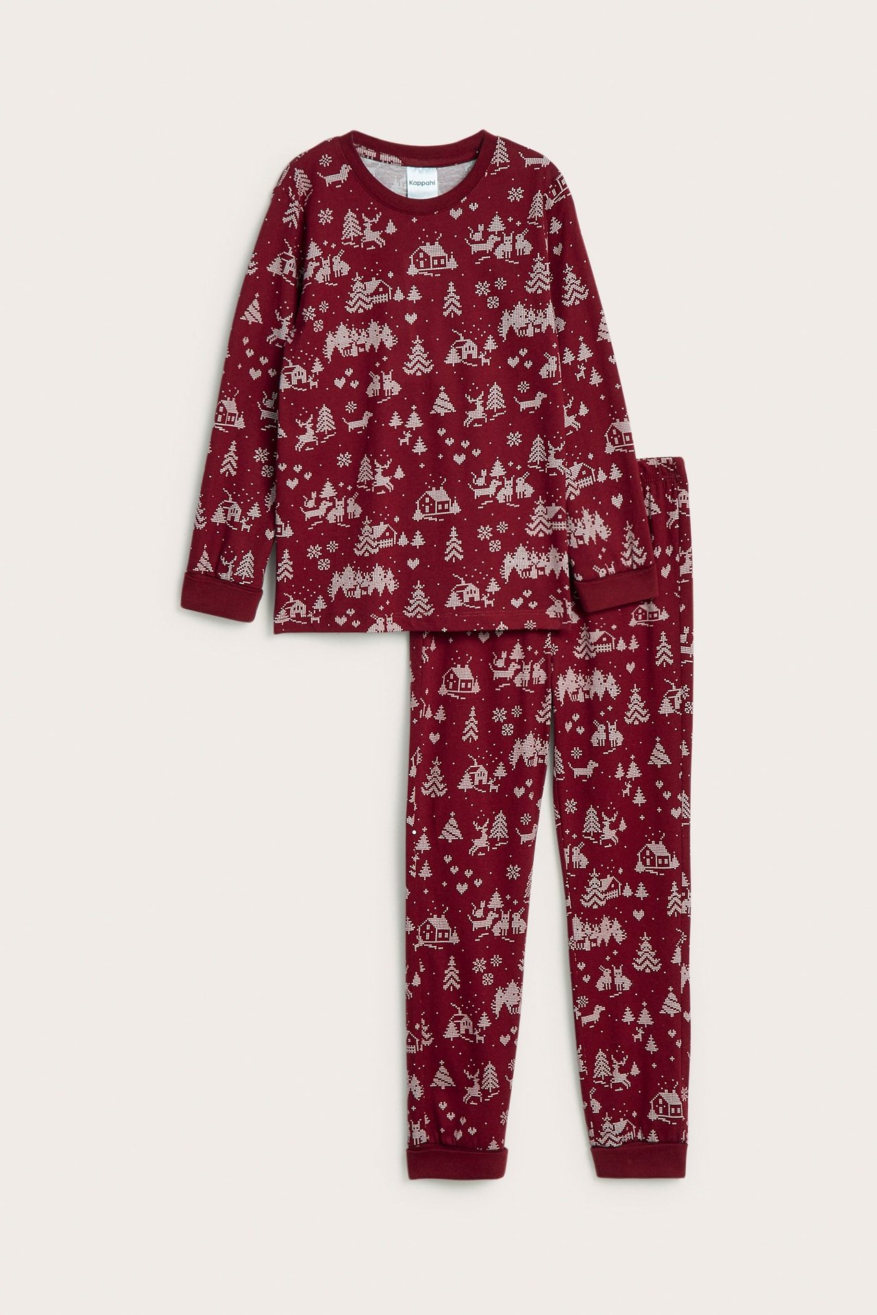 Front view: mörkröd pyjamas i bomull med vitt juligt mönster.