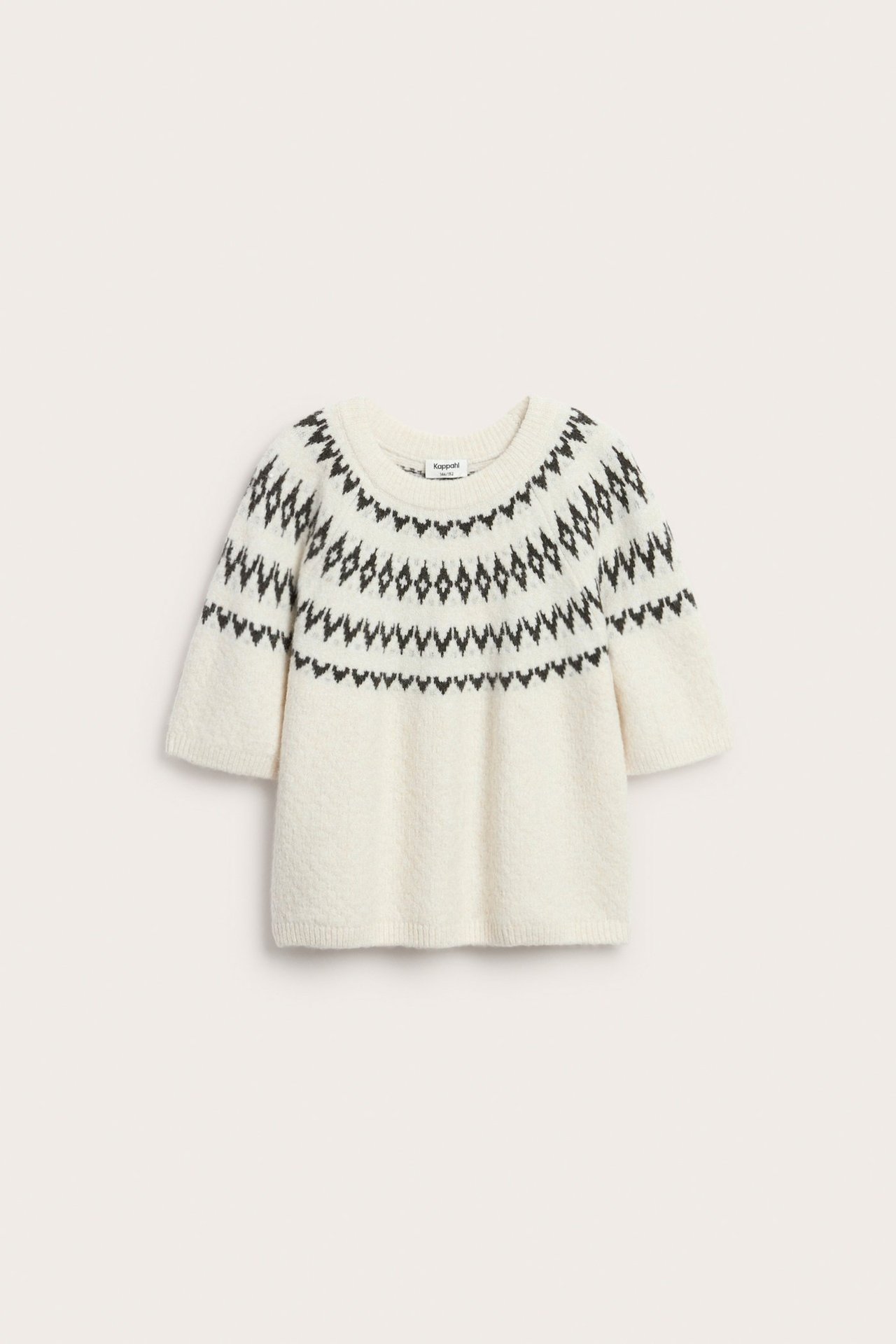 Valkoinen lasten neulerounda, musta jacquard, lyhythiha, pehmeä ja lämmin.