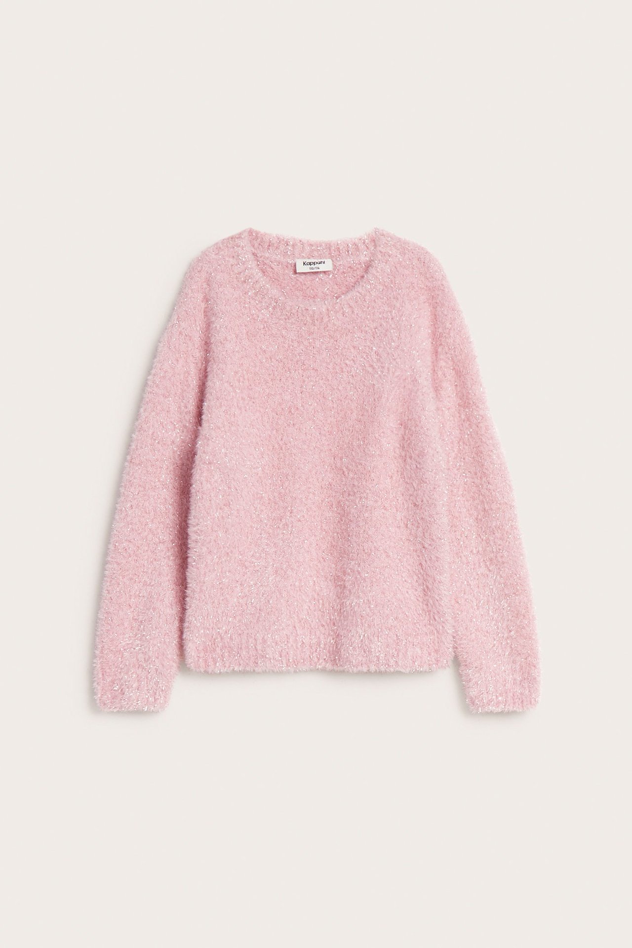 Widok z przodu jasnoróżowego, błyszczącego swetra dzianinowego o puszystej fakturze.