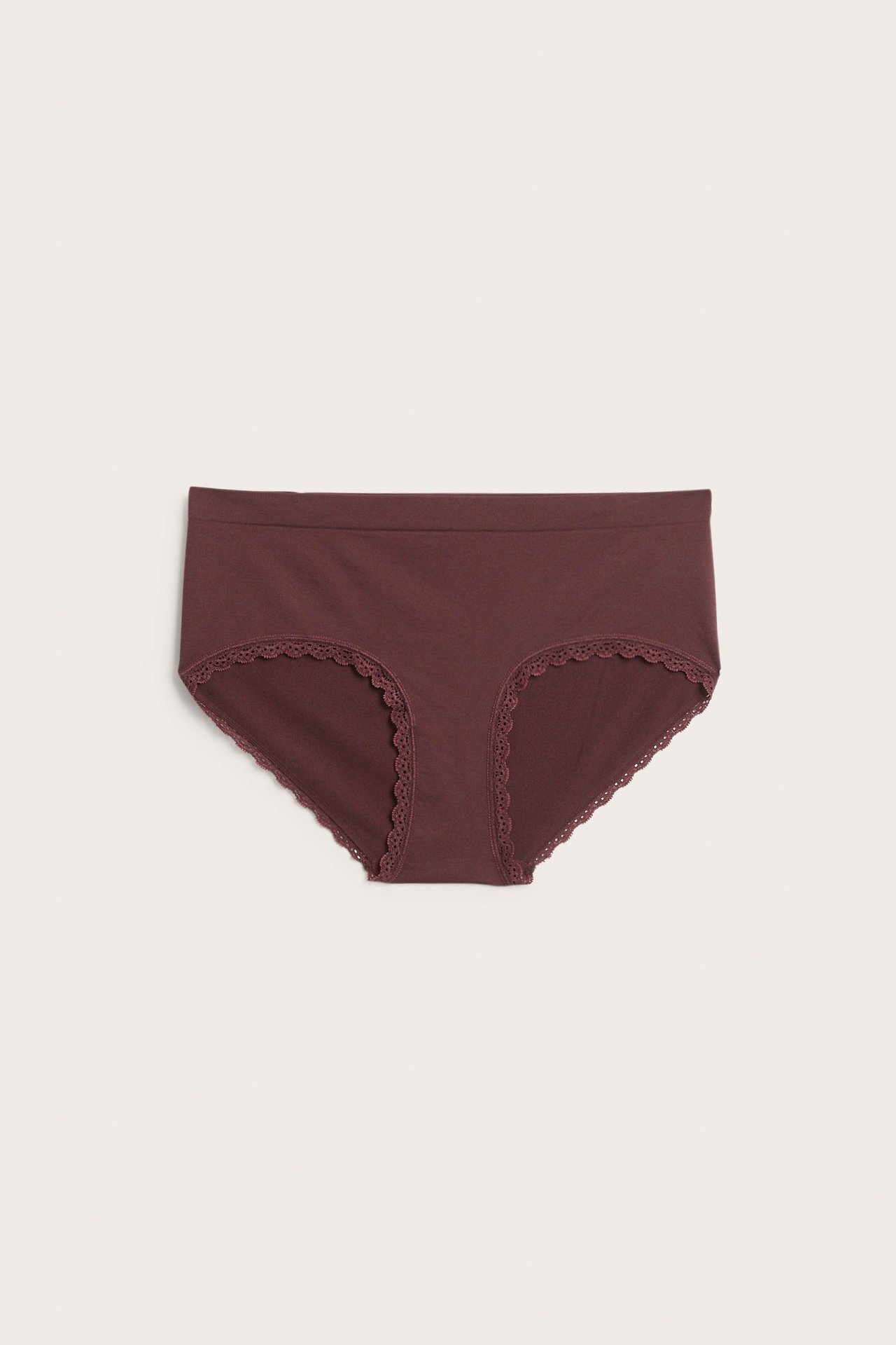 Widok z przodu: Bordowe bezszwowe figi typu hipster z koronkowym wykończeniem z recyklingu.