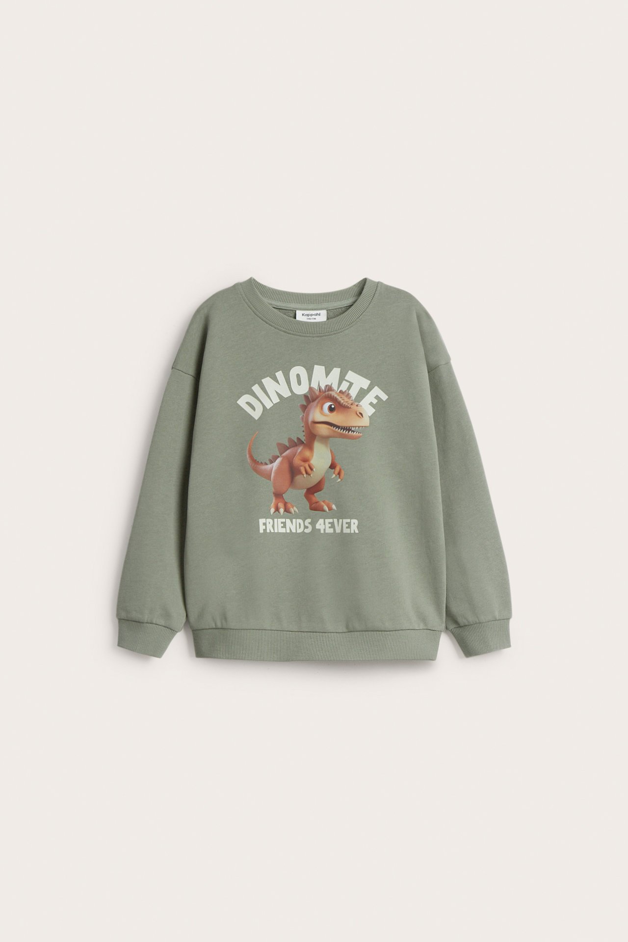 Frontvy av en grön bomullssweatshirt för barn med dinosaurietryck och texten 'DINOMITE FRIENDS 4EVER'.