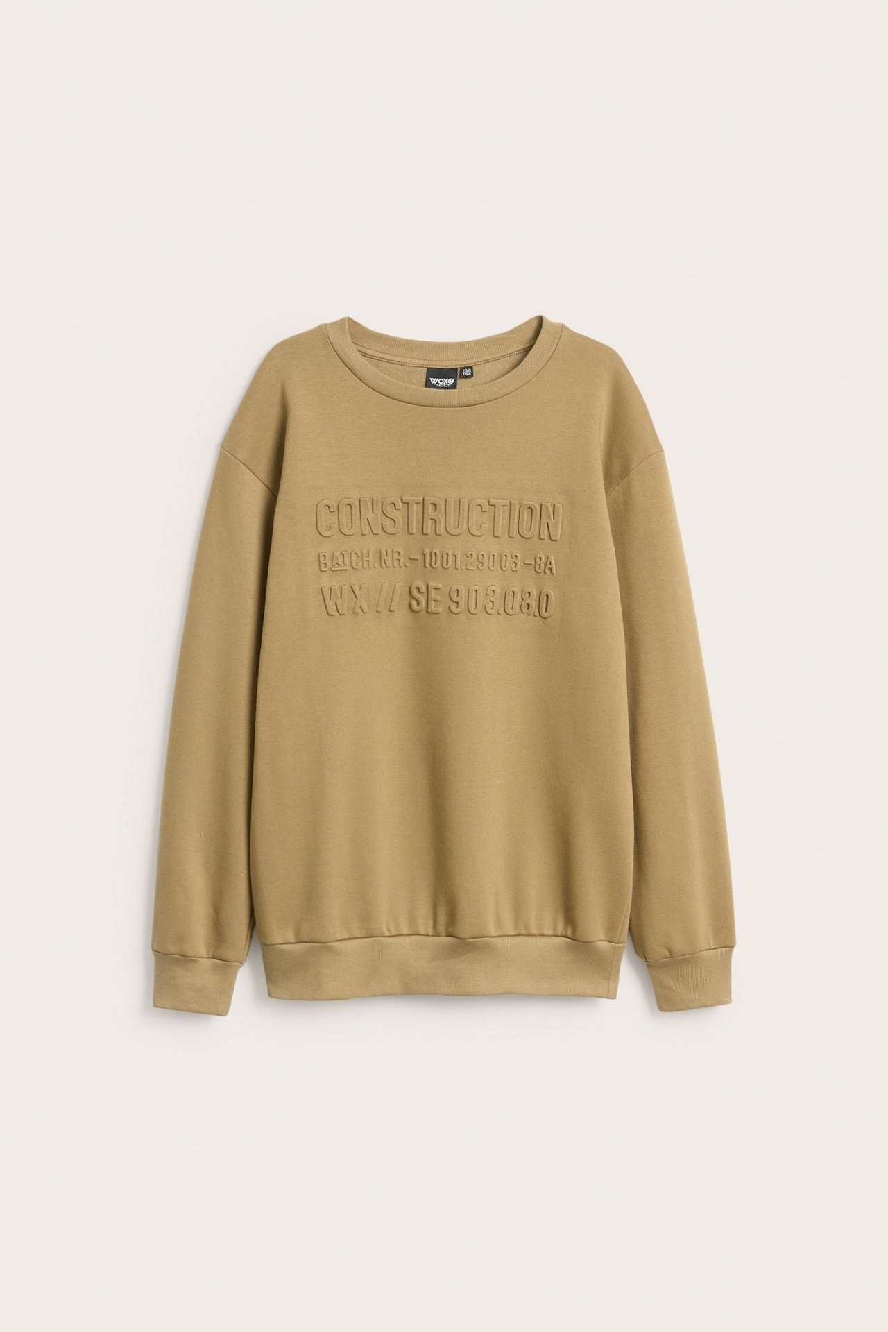 Widok z przodu brązowej bluzy z mieszanki bawełny z wytłoczonym napisem 'CONSTRUCTION' na piersi.