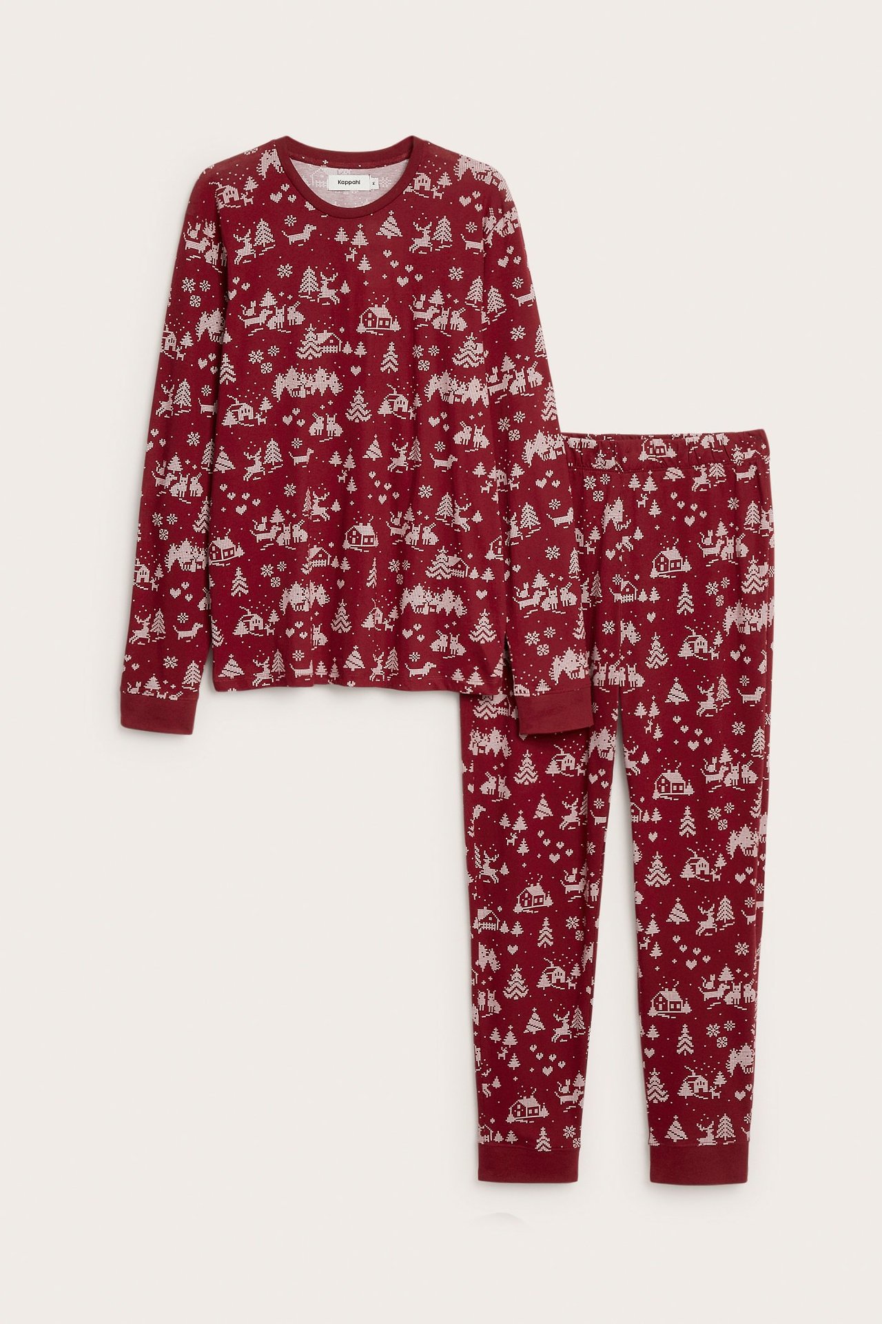 Edestä, miesten tummanpunaiset puuvillapyjamat. Valkoinen joulukyläkuvio, O-pääntie ja resoriset lahkeet.