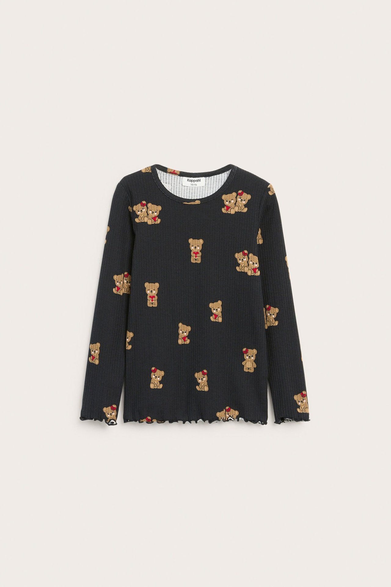 Framsida: Barns svart ribbad långärmad topp med nallebjörnsmönster och vågig kant.