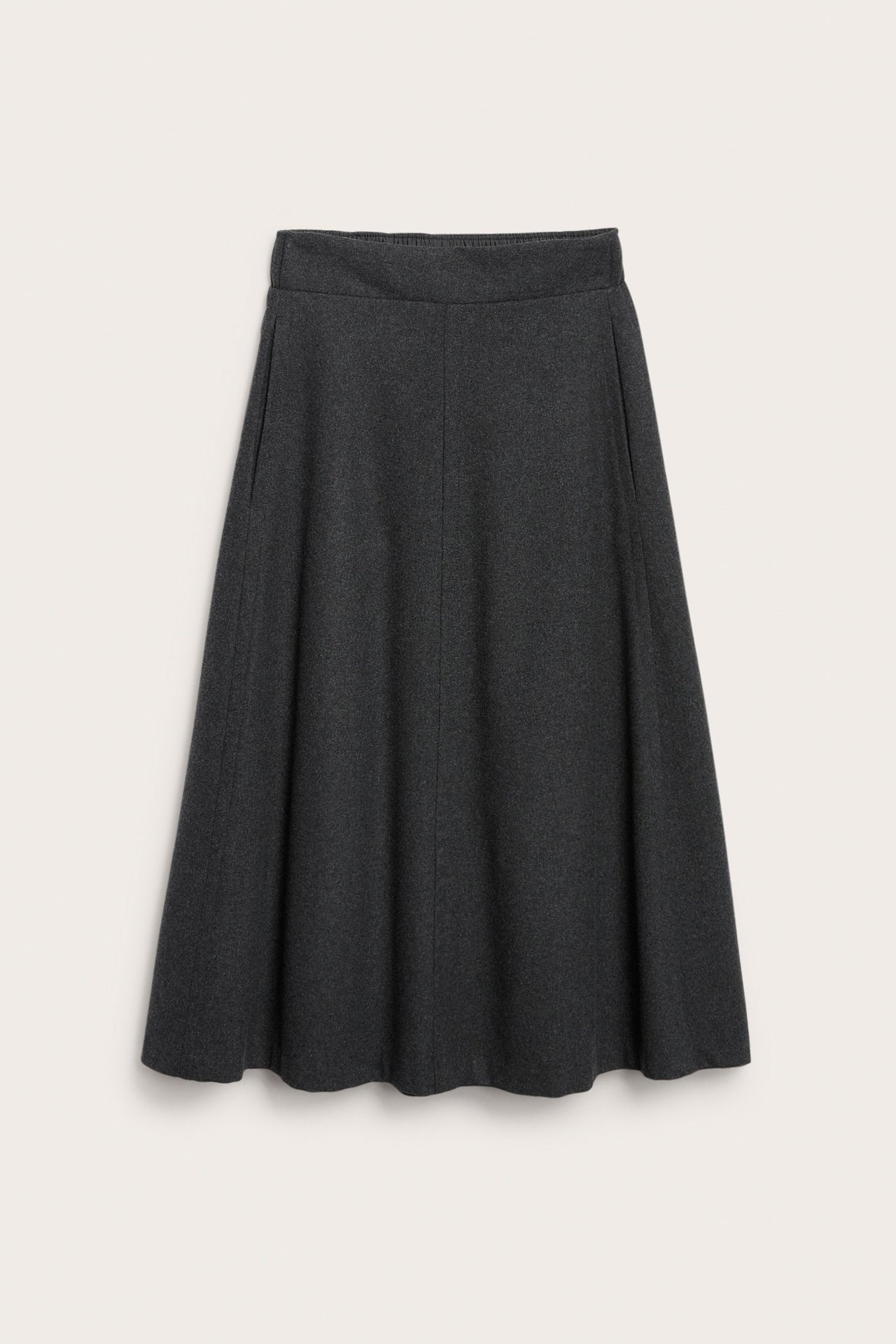 Edestäpäin tummanharmaa meleerattu villasekoite-a-linjainen midihame sivutaskuilla.