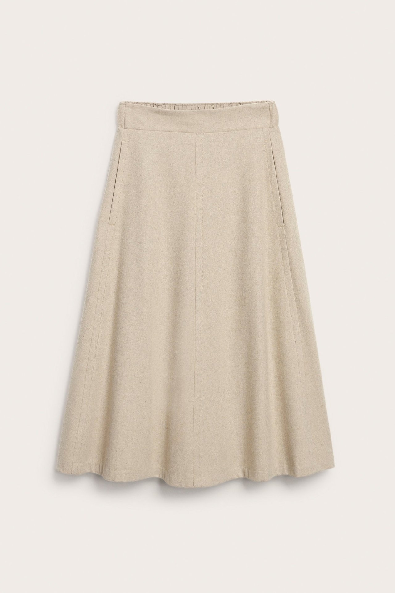 Edestä, naisten beigemelerattu A-linjainen villasekoitehame sivutaskuilla ja joustavalla vyötäröllä.