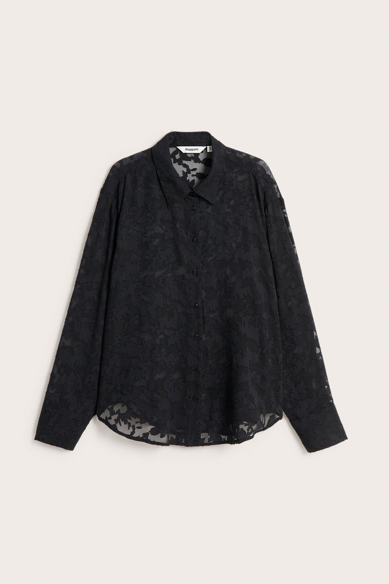 Framifrån, svart långärmad jacquardskjorta i polyester med 3D-blommor.