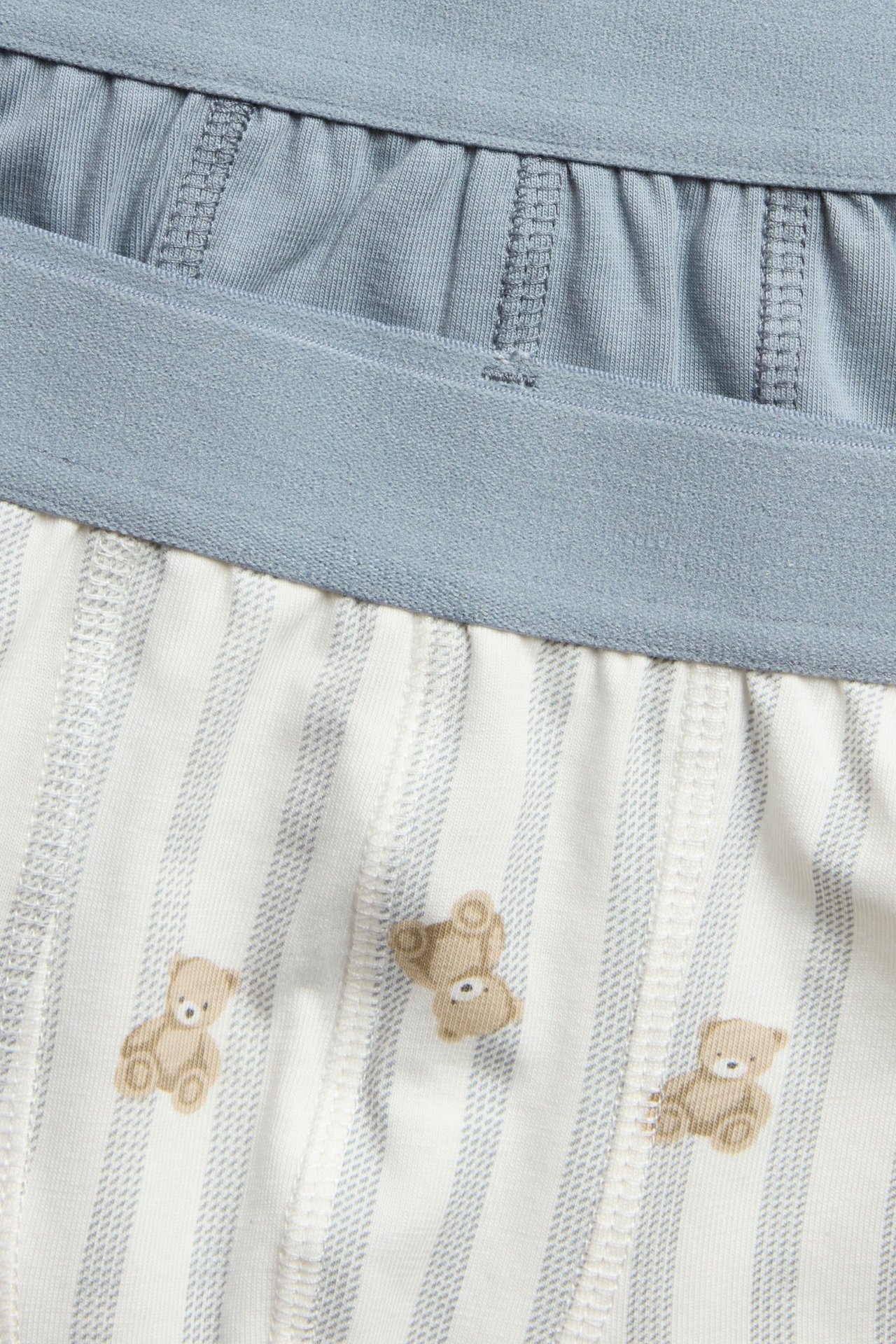 Nærbilde av to par barne-boxershorts: ett lyseblått, ett stripete med teddybjørner.