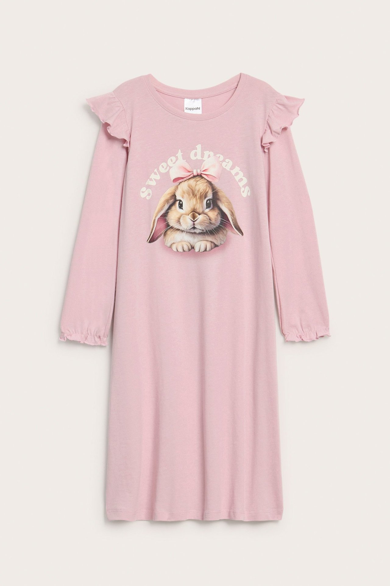 Edestäpäin vaaleanpunainen lasten pitkähihainen puuvillainen yömekko kanin ja 'sweet dreams' -printillä.