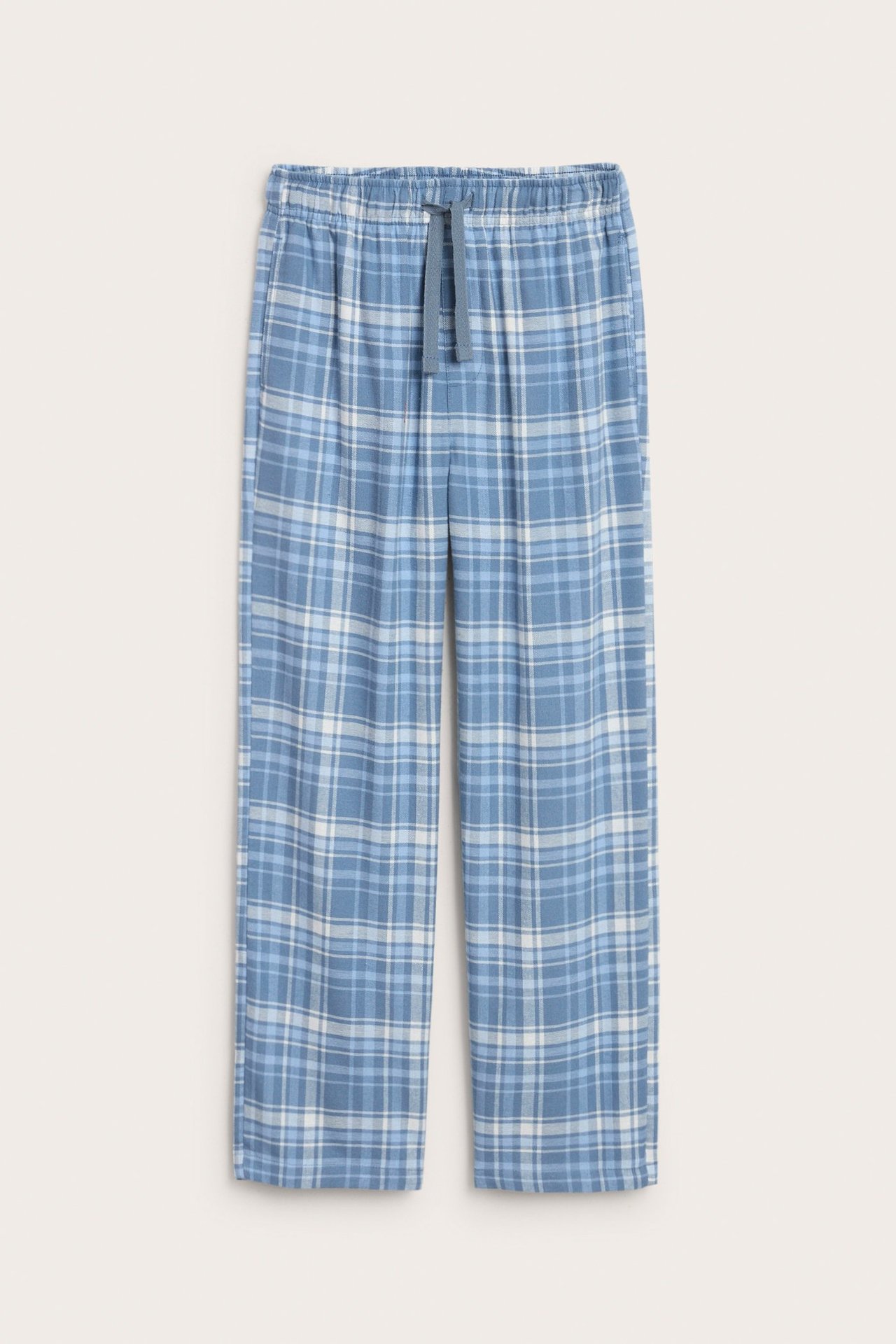 Siniset ruudulliset flanellipyjamahousut lapsille, vyötäröllä resori ja taskut.
