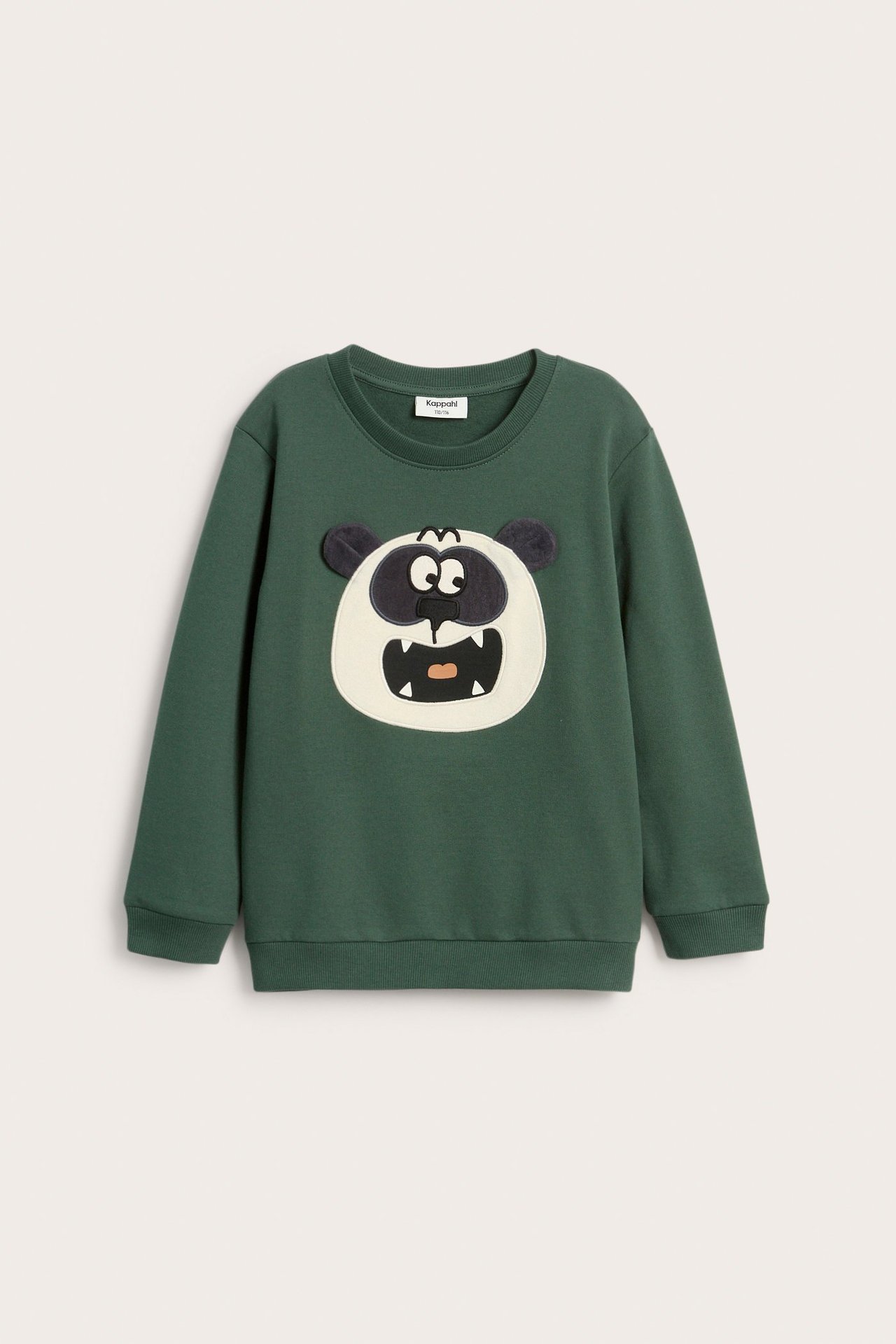 Widok z przodu zielonej bawełnianej bluzy dziecięcej z biało-czarną aplikacją pandy i uszami 3D.