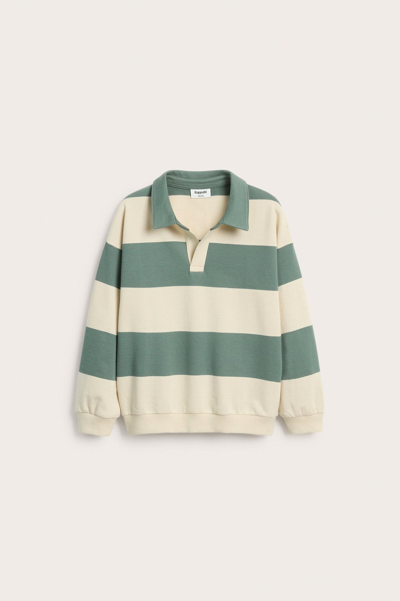 Widok z przodu: Dziecięca bawełniana bluza polo w beżowo-zielone paski, z prążkowanymi mankietami i dołem.