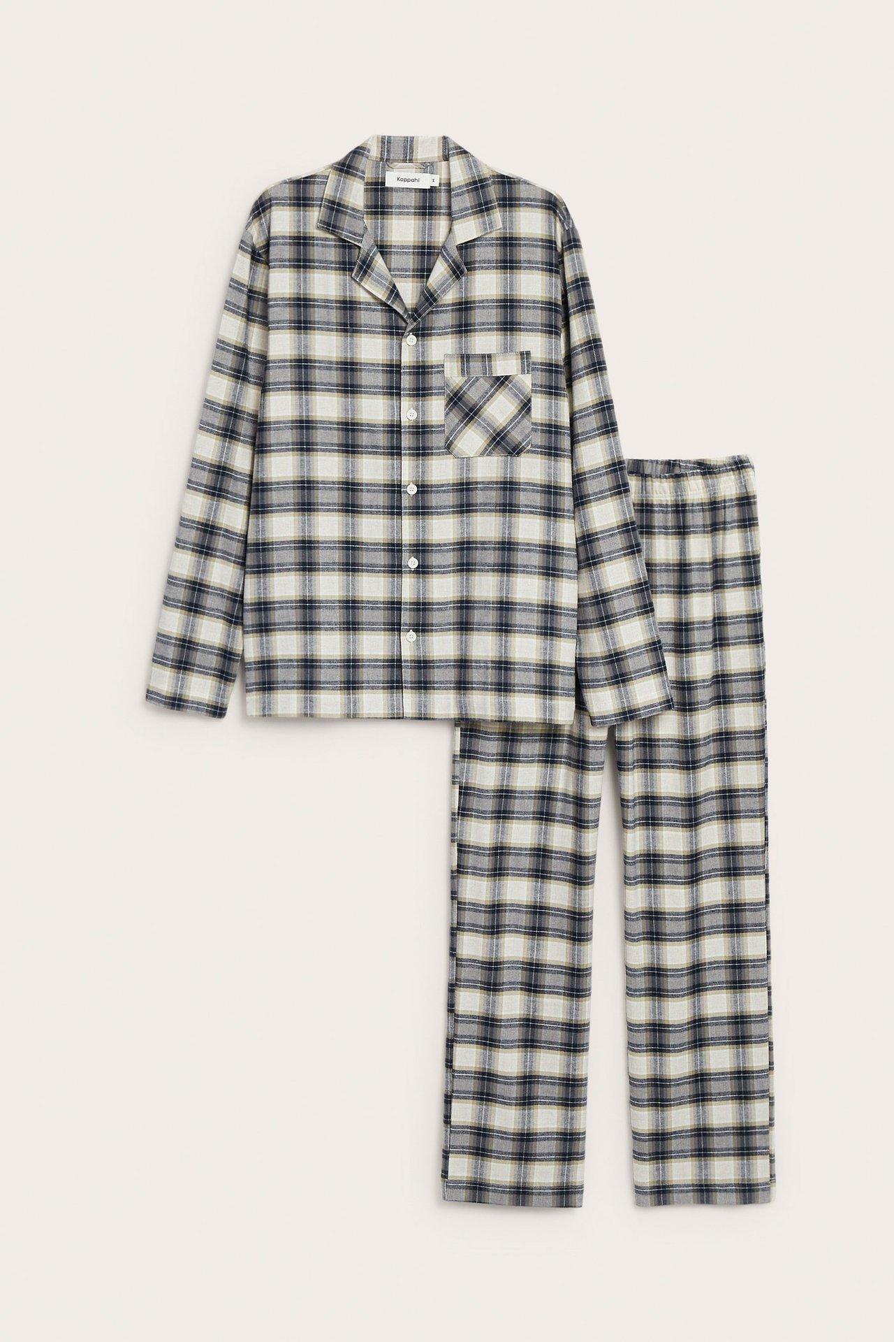 Z przodu męska beżowa piżama flanelowa w kratę, z zapinaną koszulą i spodniami z elastyczną talią.