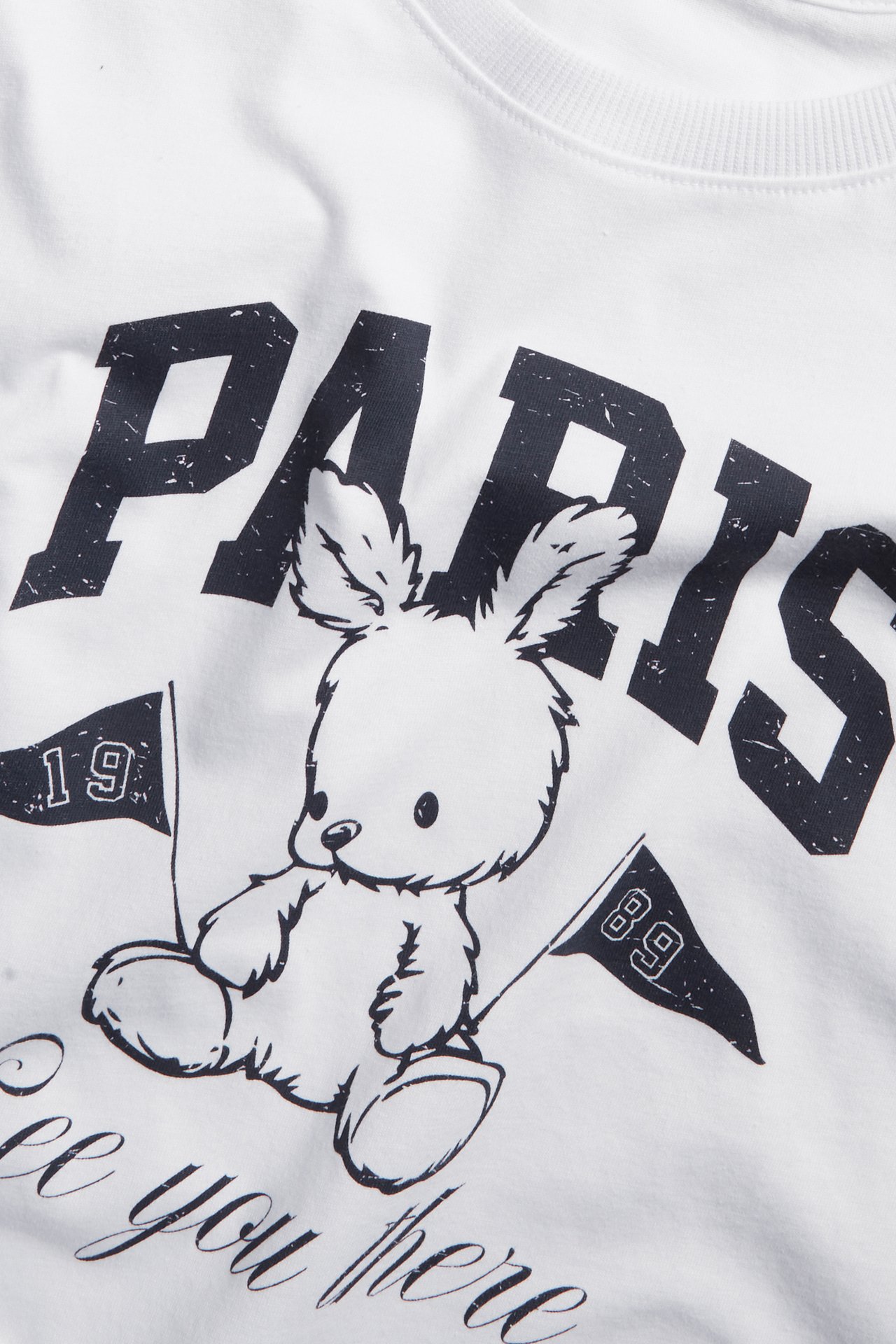 Zbliżenie białej bawełnianej koszulki z czarnym nadrukiem 'PARIS', króliczkiem i flagami.
