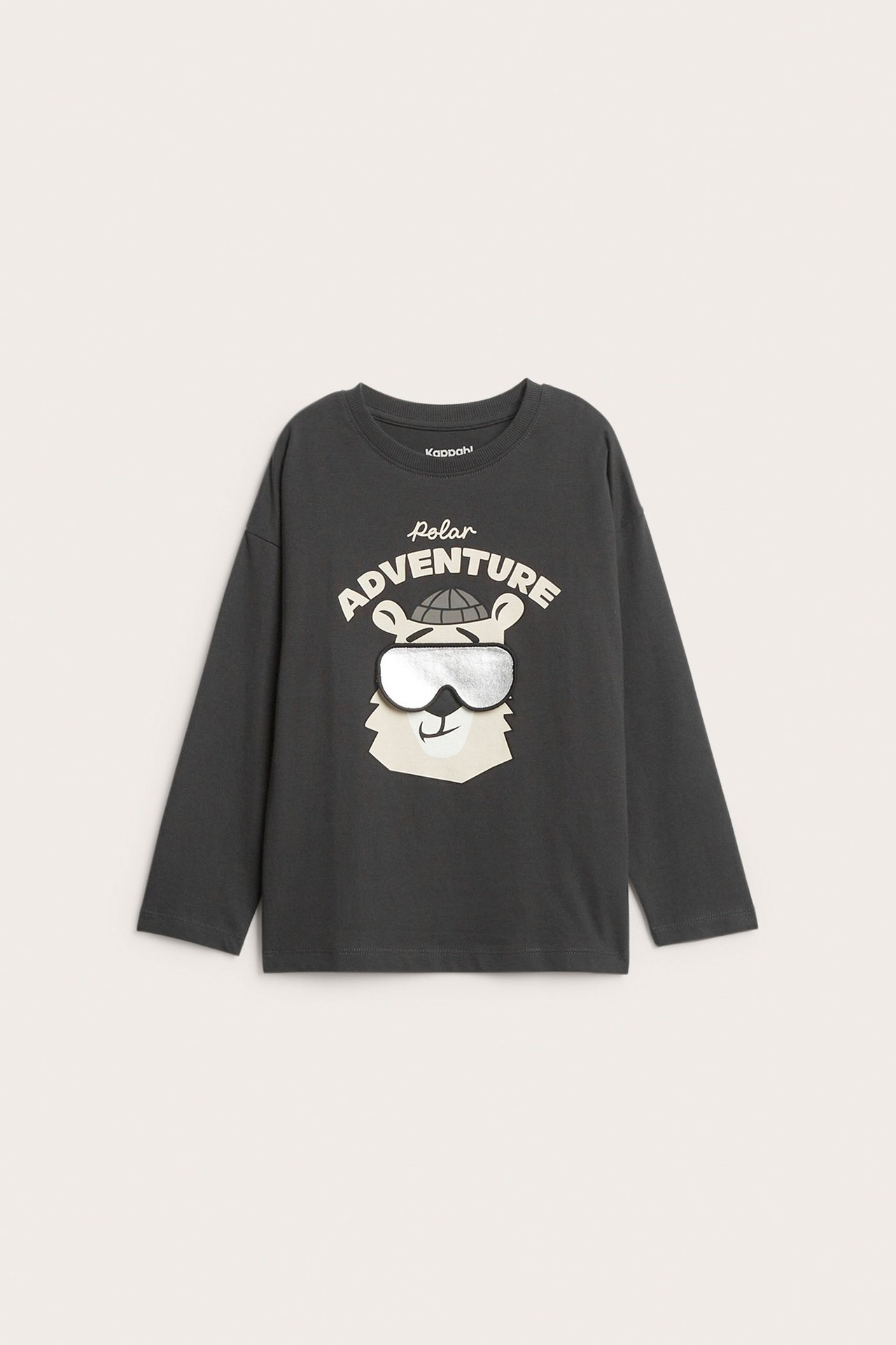 Framsida: Mörkgrå långärmad T-shirt i bomull för barn med isbjörnsapplikation och metalliska glasögon.