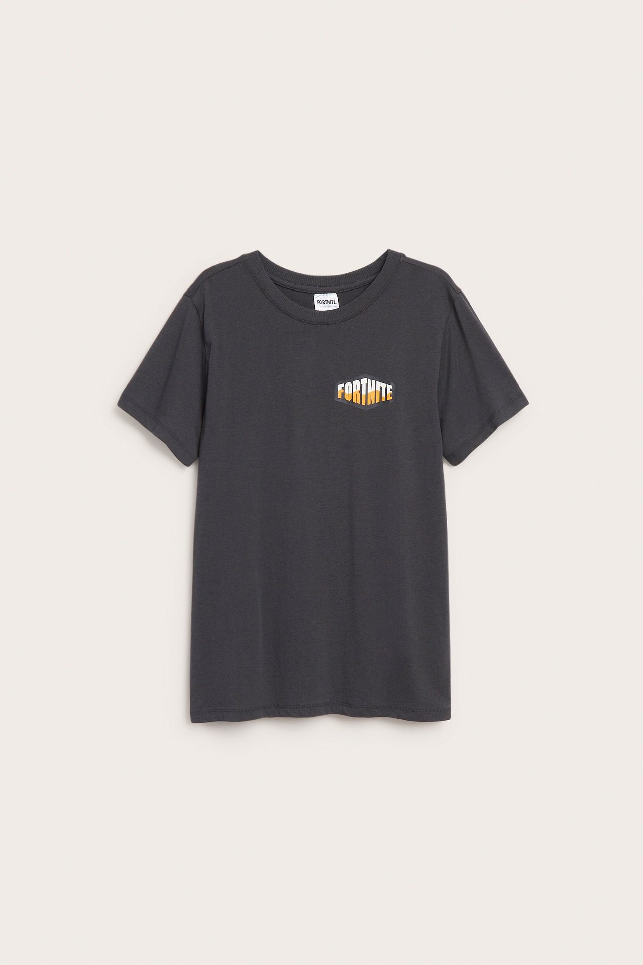 Framifrån, svart kortärmad t-shirt i bomull för barn med ett färgglatt Fortnite-logotryck på bröstet.