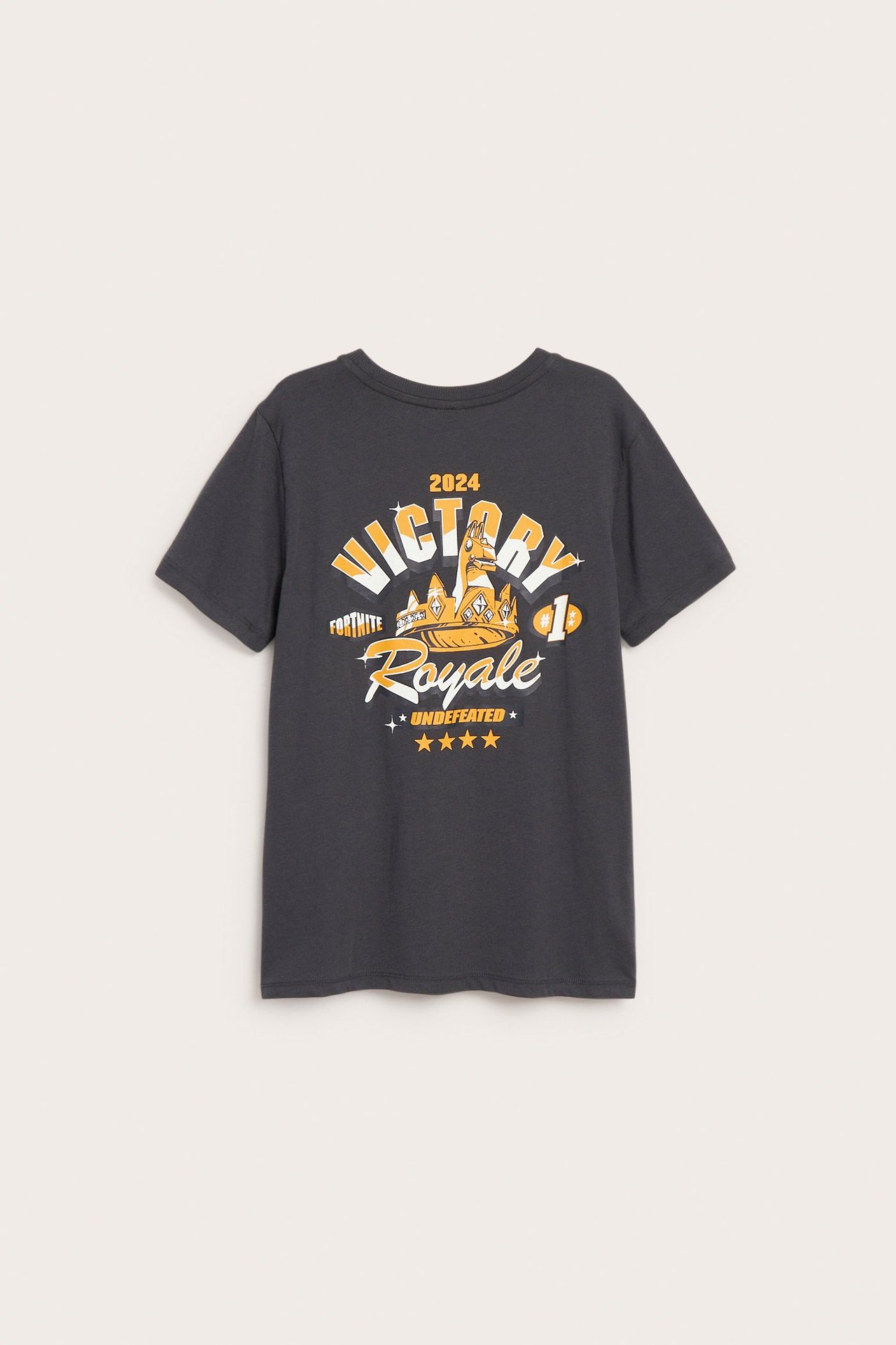 Widok z przodu: Czarny bawełniany T-shirt dziecięcy z żółto-białym nadrukiem 'Victory Royale' Fortnite.
