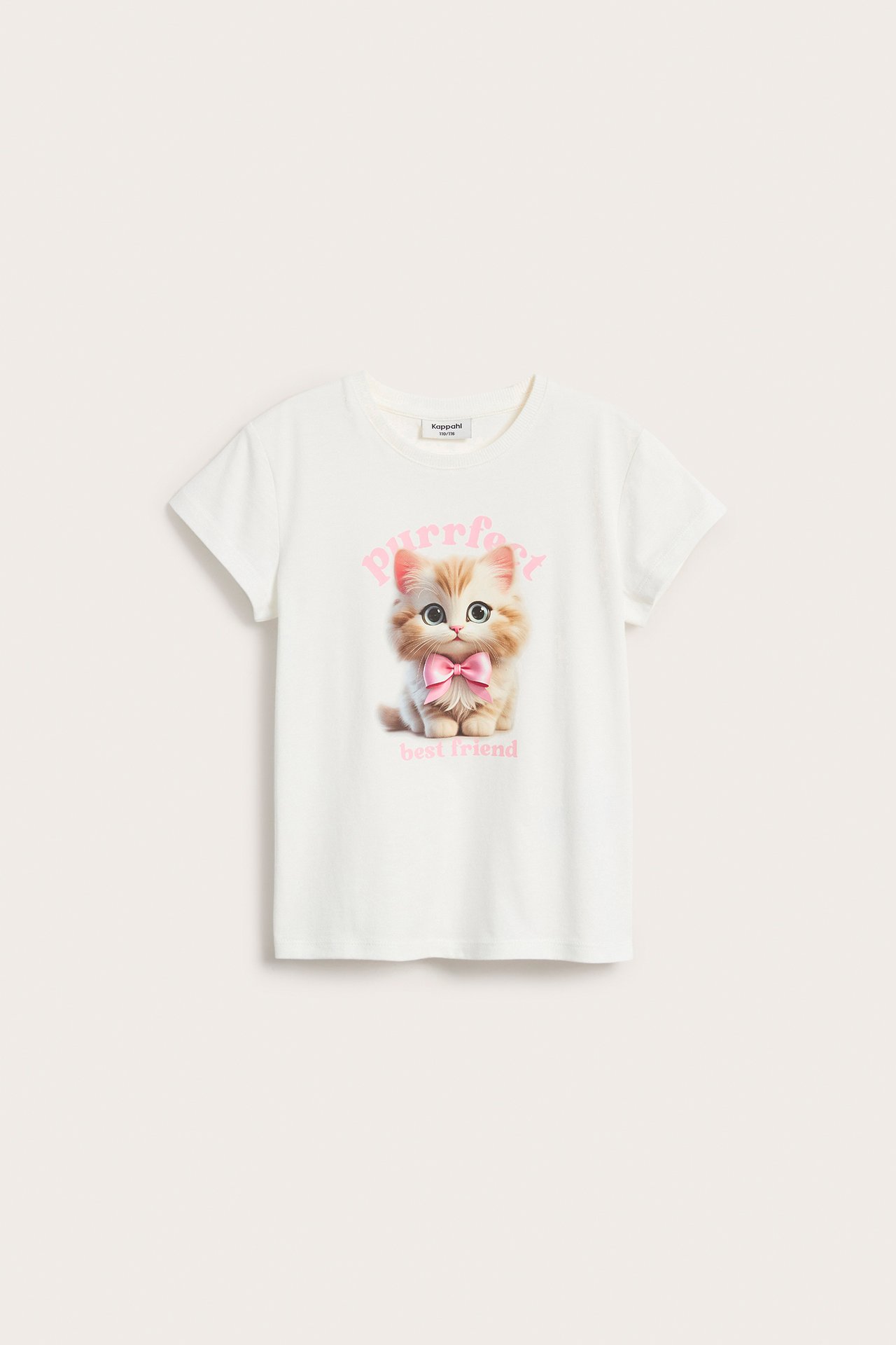Frontvisning: Offwhite bomulls-t-skjorte for barn med søtt kattemotiv og teksten 'purrfect best friend'.