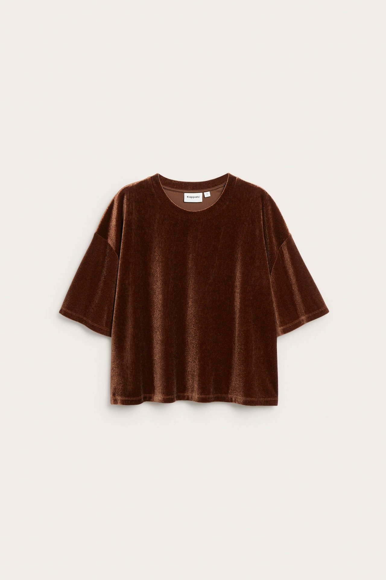 Forfra: Brun, løstsittende kortermet topp i velour for dame.