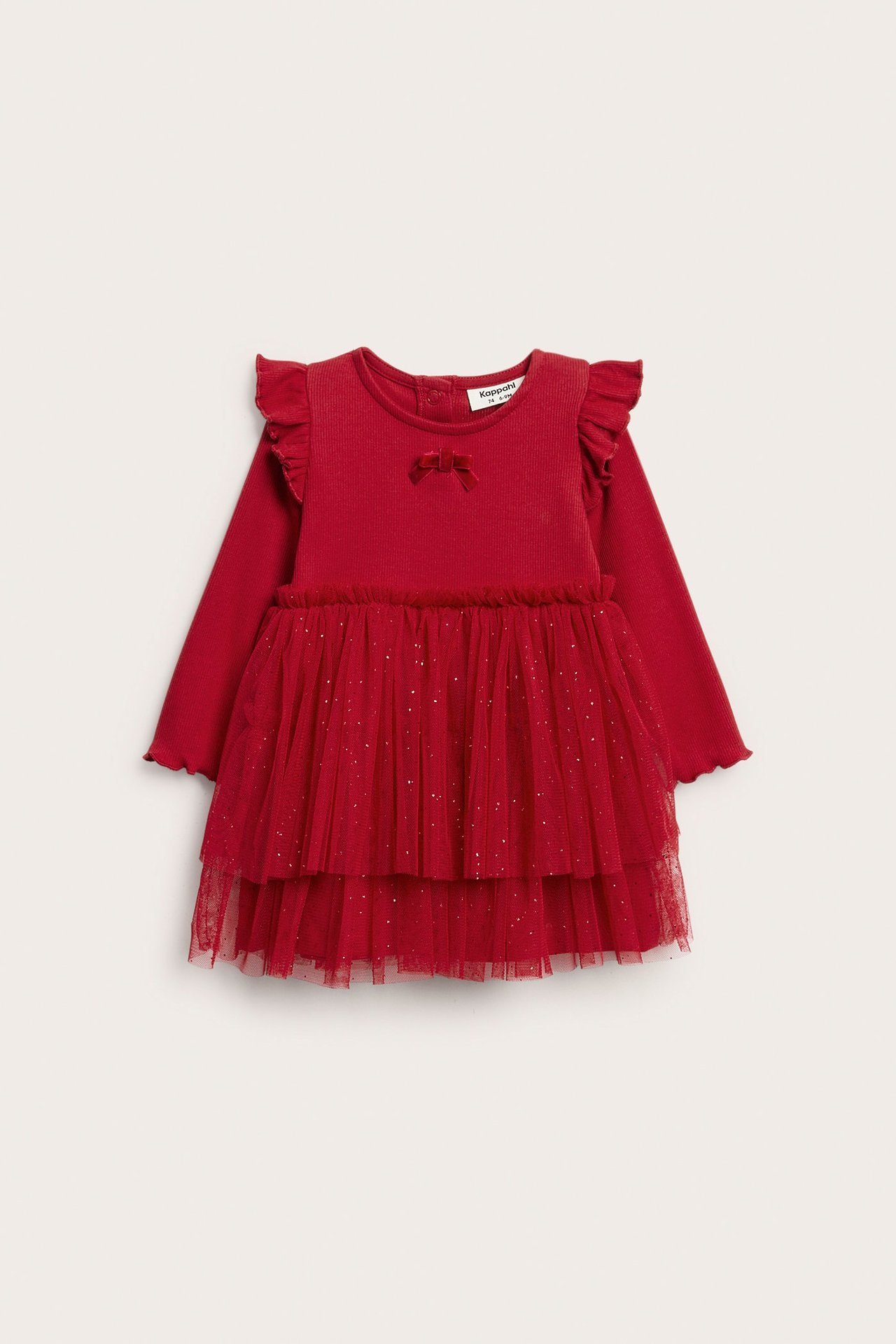 Rød babykjole med ribbet topp, skulderkapper, fløyelsløyfe og glitrende nettingkjørt. Frontbilde.