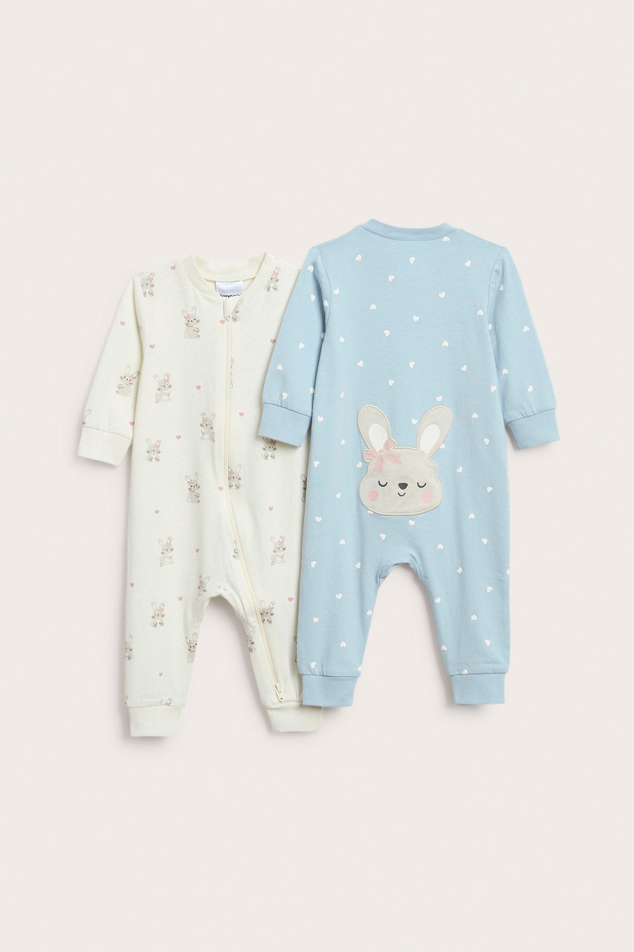 To-pakk baby pysjamas med kaninermønster, offwhite og lyseblå, glidelås, lang arm.