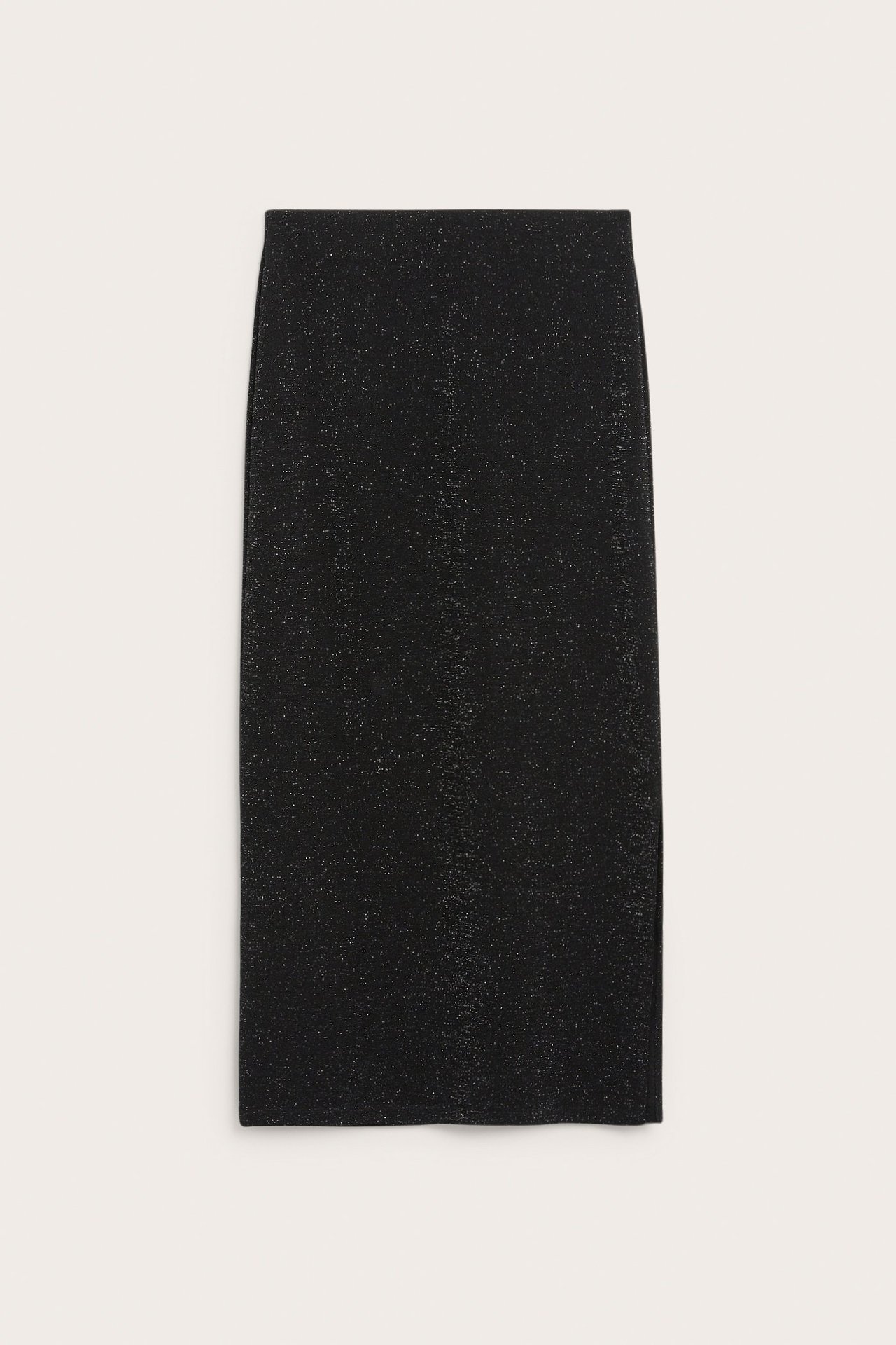 Frontbilde av et svart, langt, tettsittende lurex-glitterskjørt med elastisk midje.
