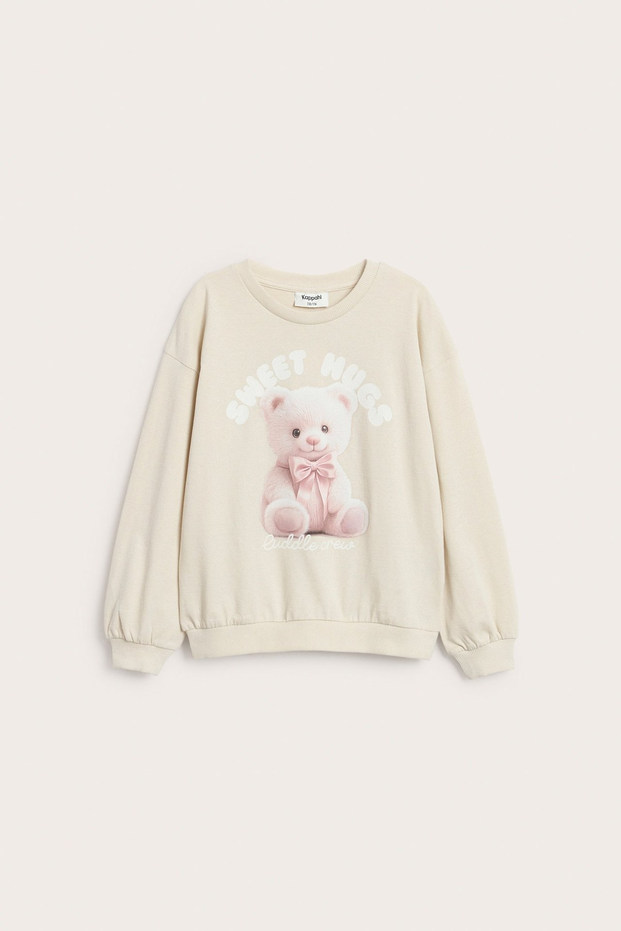 Långärmad beige topp för barn med tryck av nallebjörn och text fram.