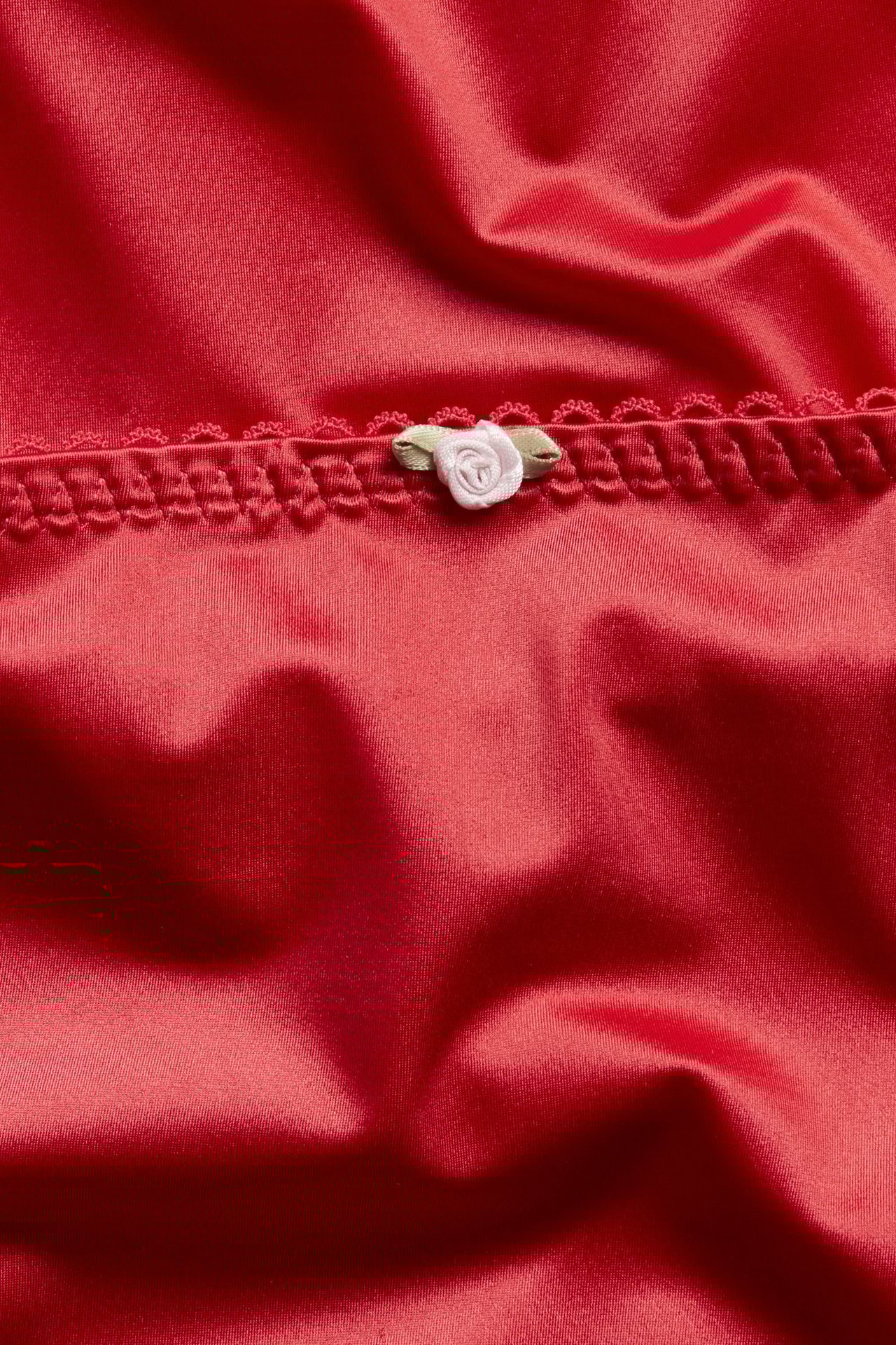 Zbliżenie na czerwone figi damskie z koronkowym obszyciem i małą białą aplikacją róży.