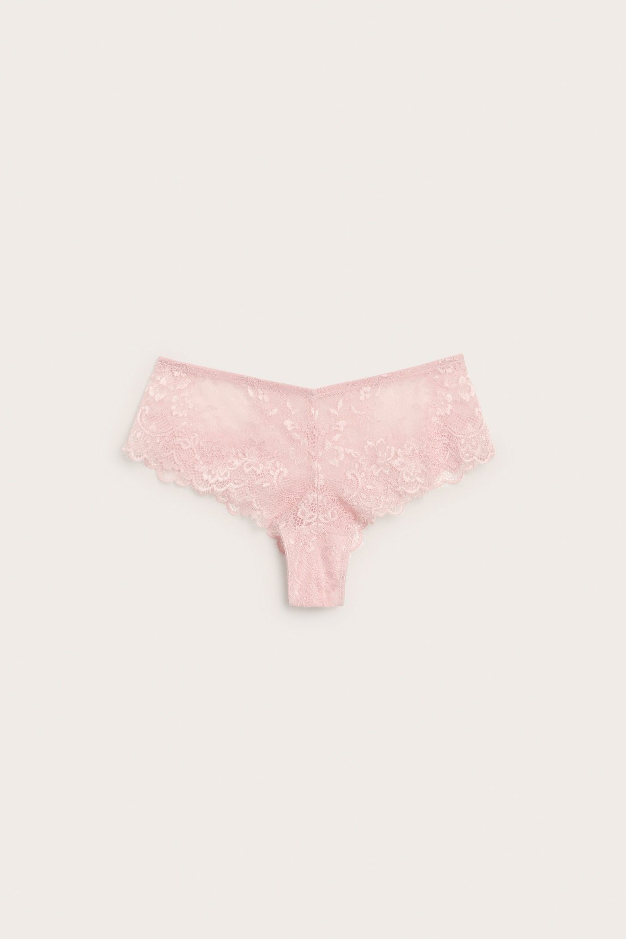 Widok z przodu jasnoróżowych koronkowych majtek cheeky z wzorem rzęs i elastycznym pasem V.