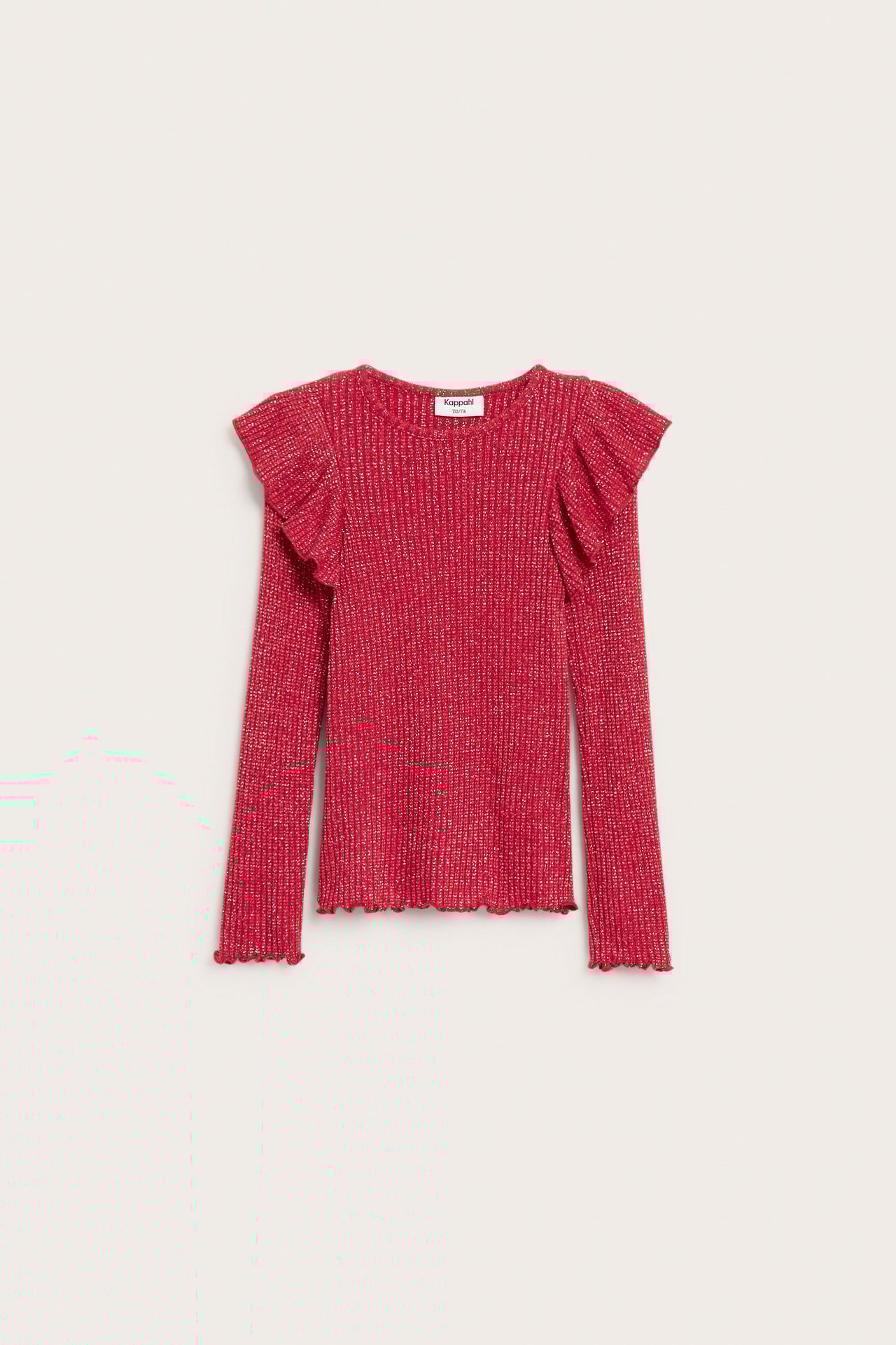 Frontvy av en röd ribbad långärmad topp för barn med glitter och volanger på axlarna.