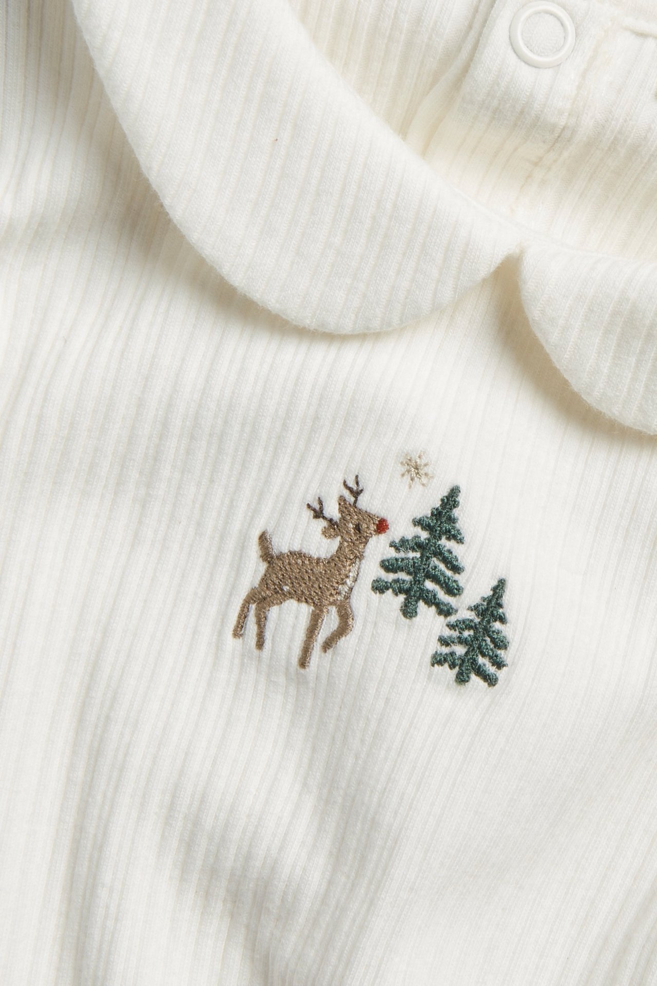 Zbliżenie z przodu: białe prążkowane body świąteczne z kołnierzykiem, haftowany renifer i drzewa.
