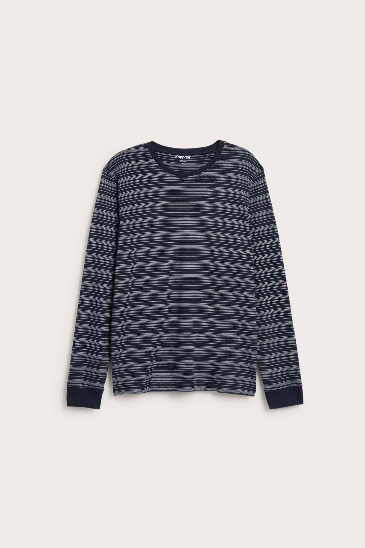 Widok z przodu: Męska piżamowa koszulka z długim rękawem, w ciemnoniebiesko-szare paski, z bawełny.