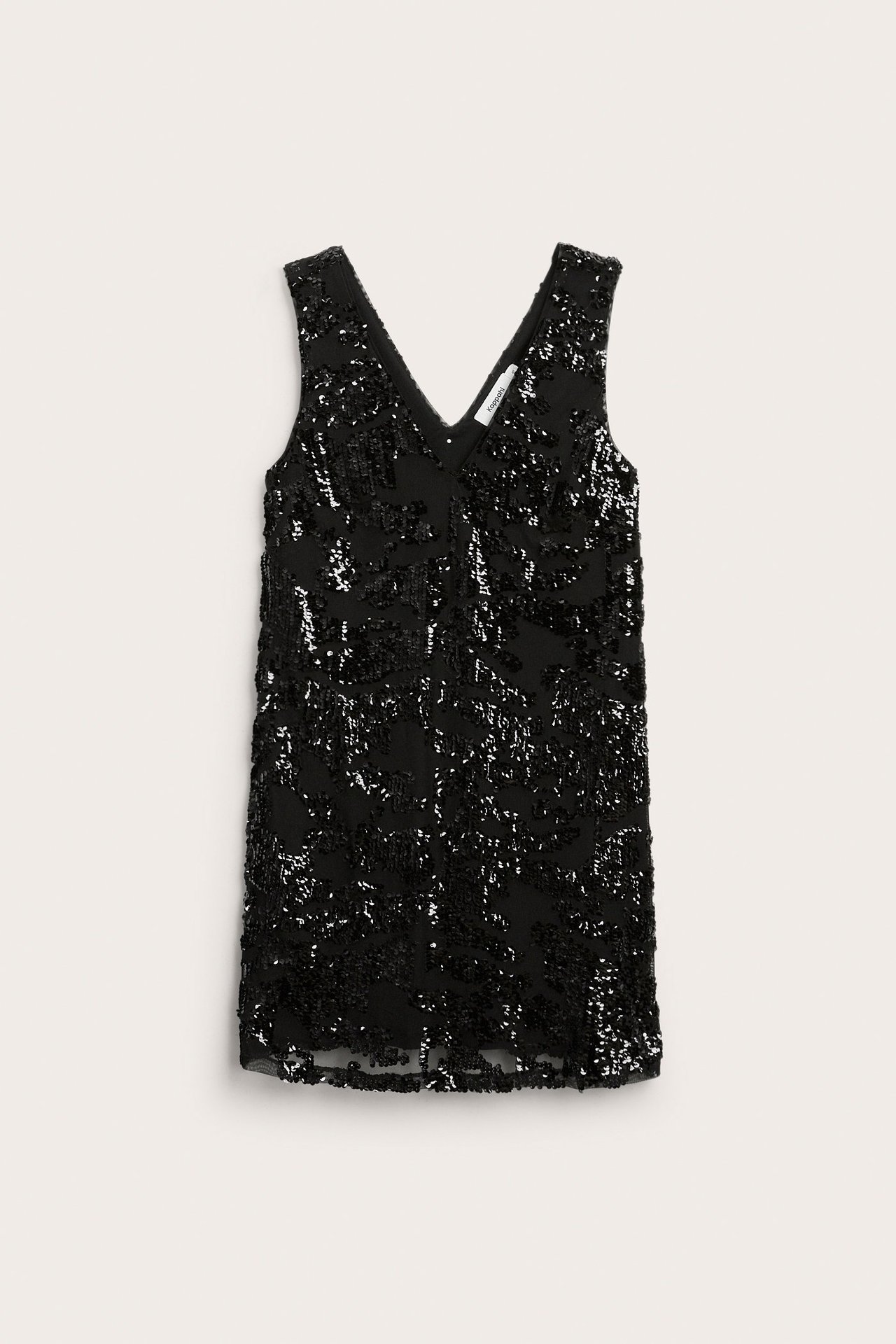 Svart paljettklänning med fodral, Glittermönster, utan ärmar, frontvy.