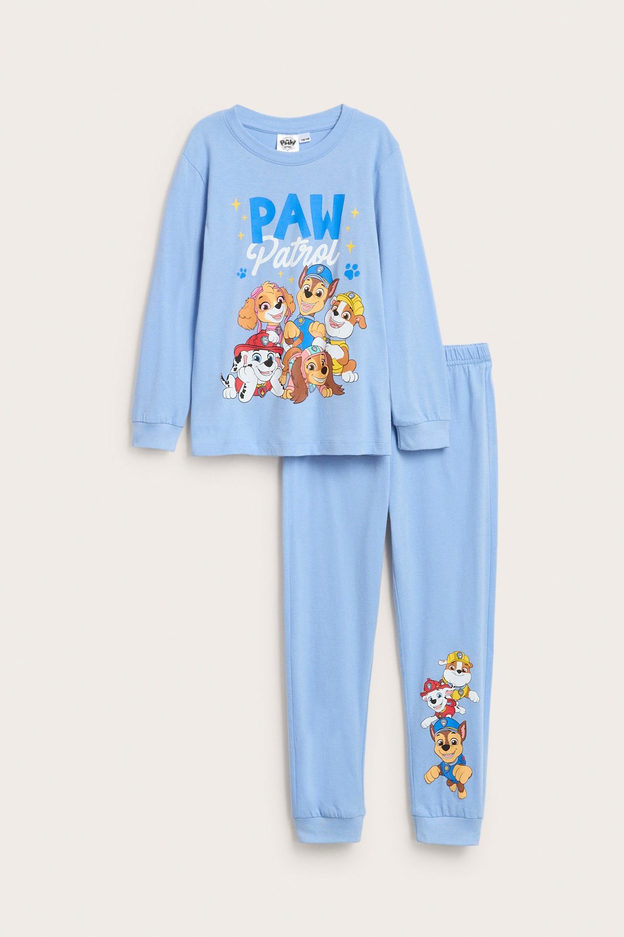 Vaaleansiniset pitkähihainen pyjama Paw Patrol -kuvalla, mansetit ja lahkeet.