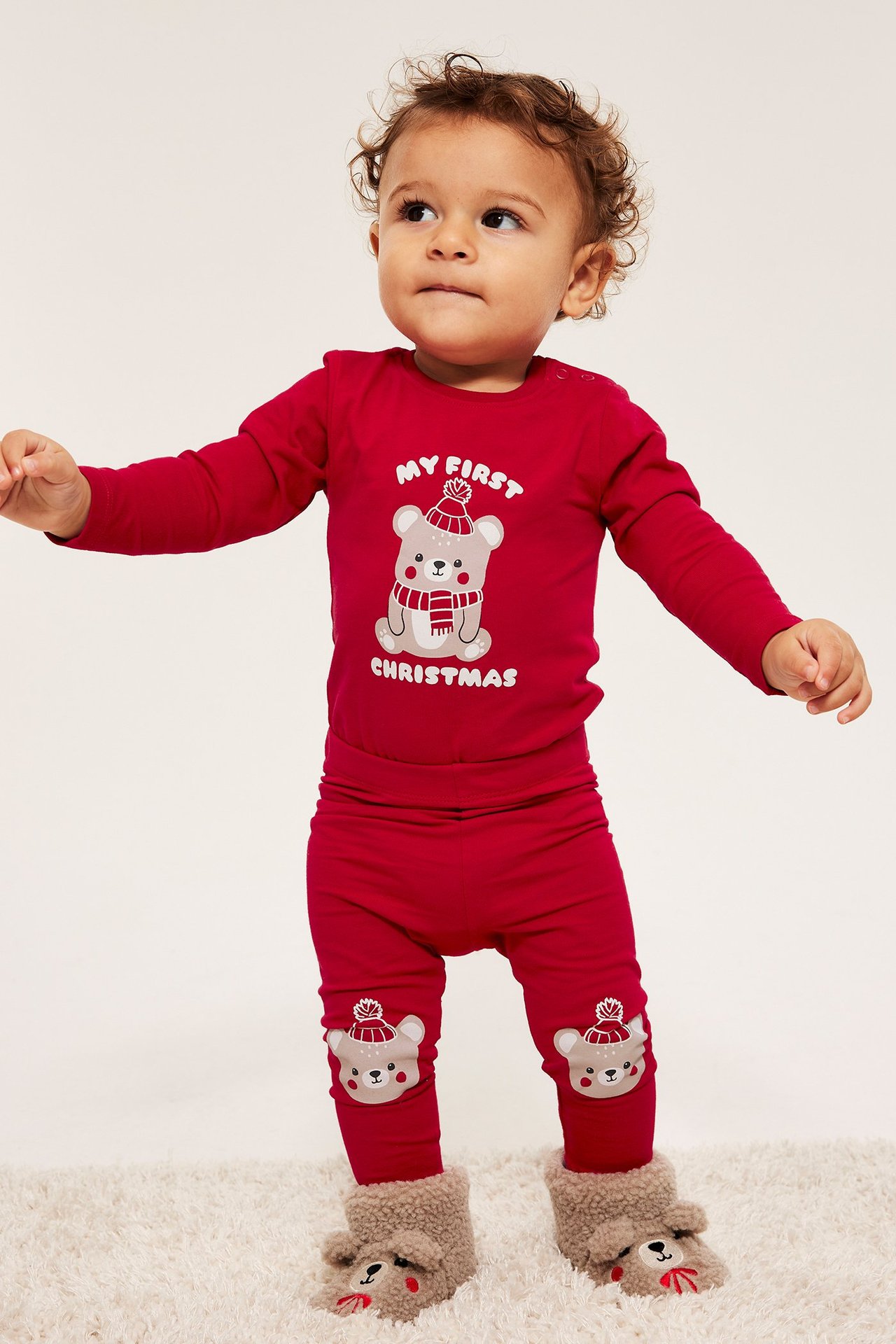 Röda leggings med julmotiv och broderier på knän, elastisk midja, för liten flicka.