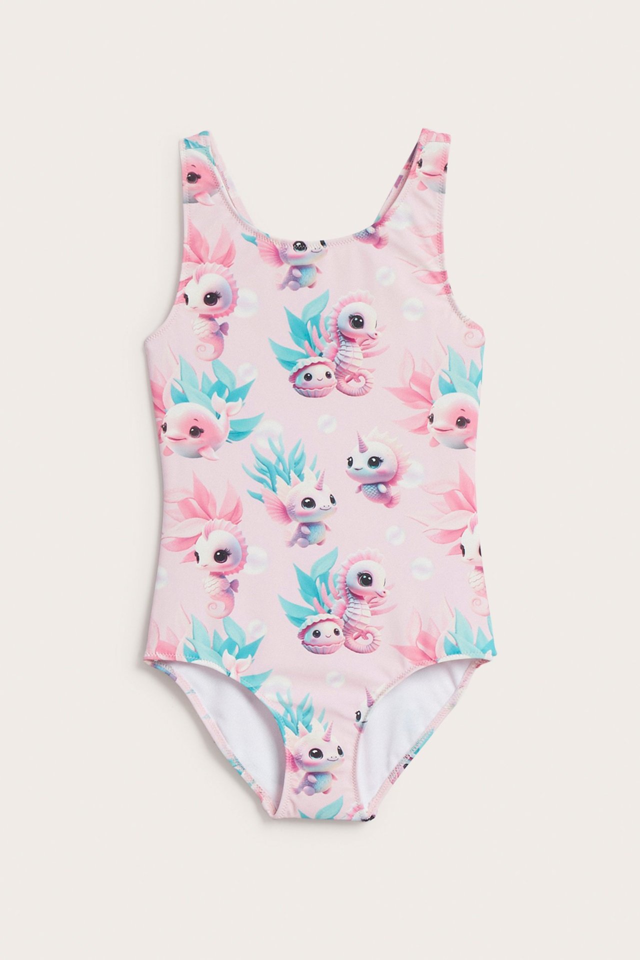 Frontvy av en rosa mönstrad baddräkt för barn med söta sjödjur i rosa, blått och vitt.