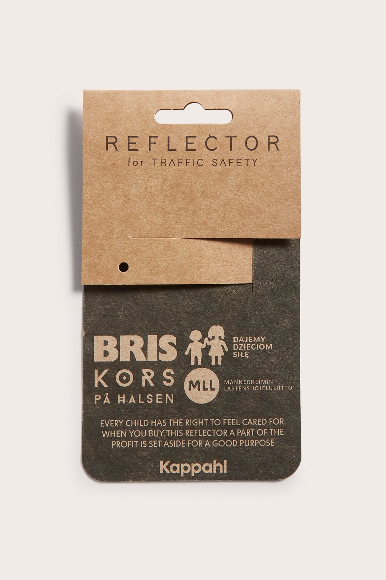 Widok z przodu srebrnego podwójnego odblasku na brązowym i ciemnoszarym opakowaniu kartonowym.