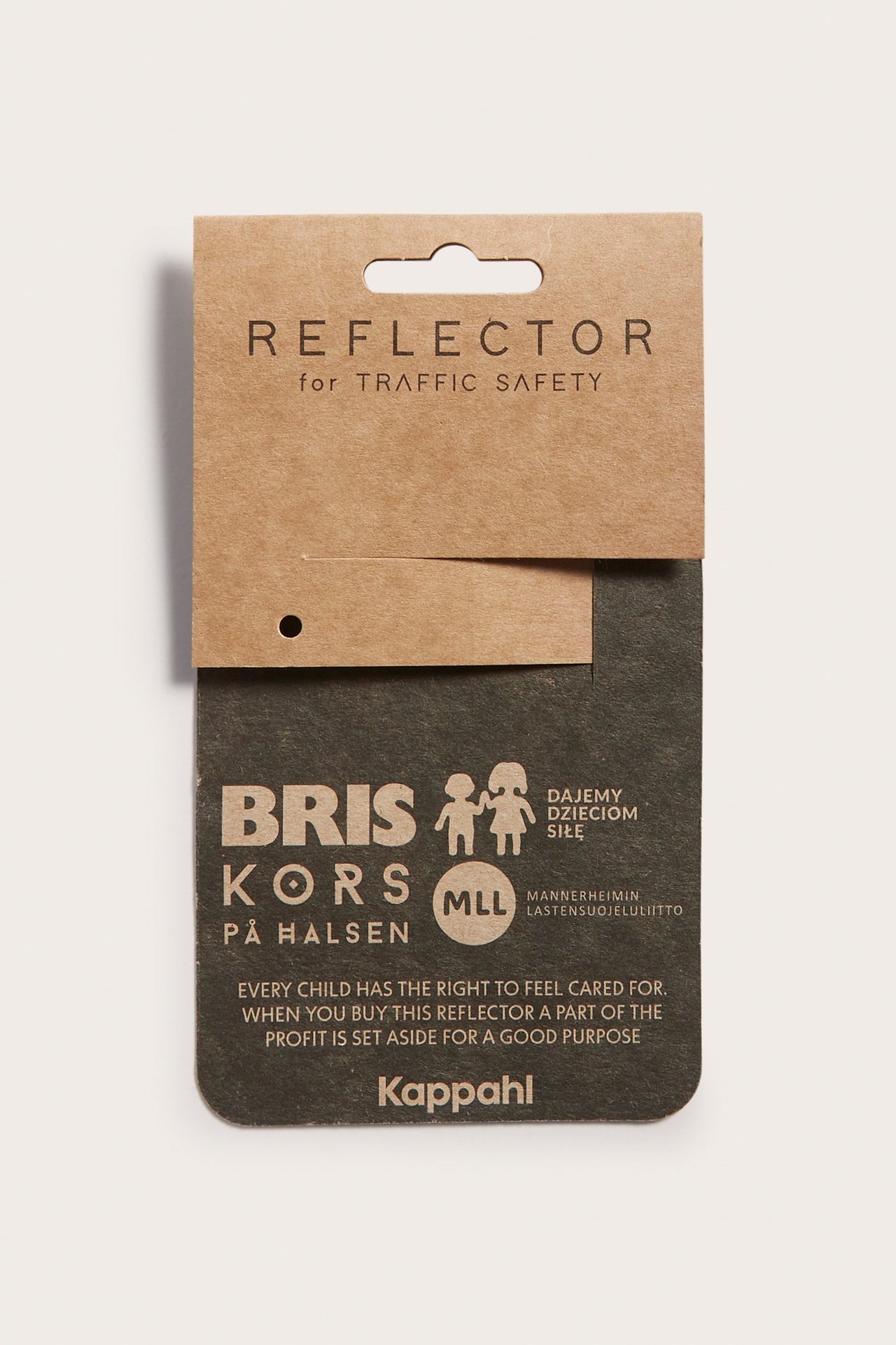 Framsida av en silverfärgad, dubbel TPU-reflex med öljett och metallhake, i förpackning.