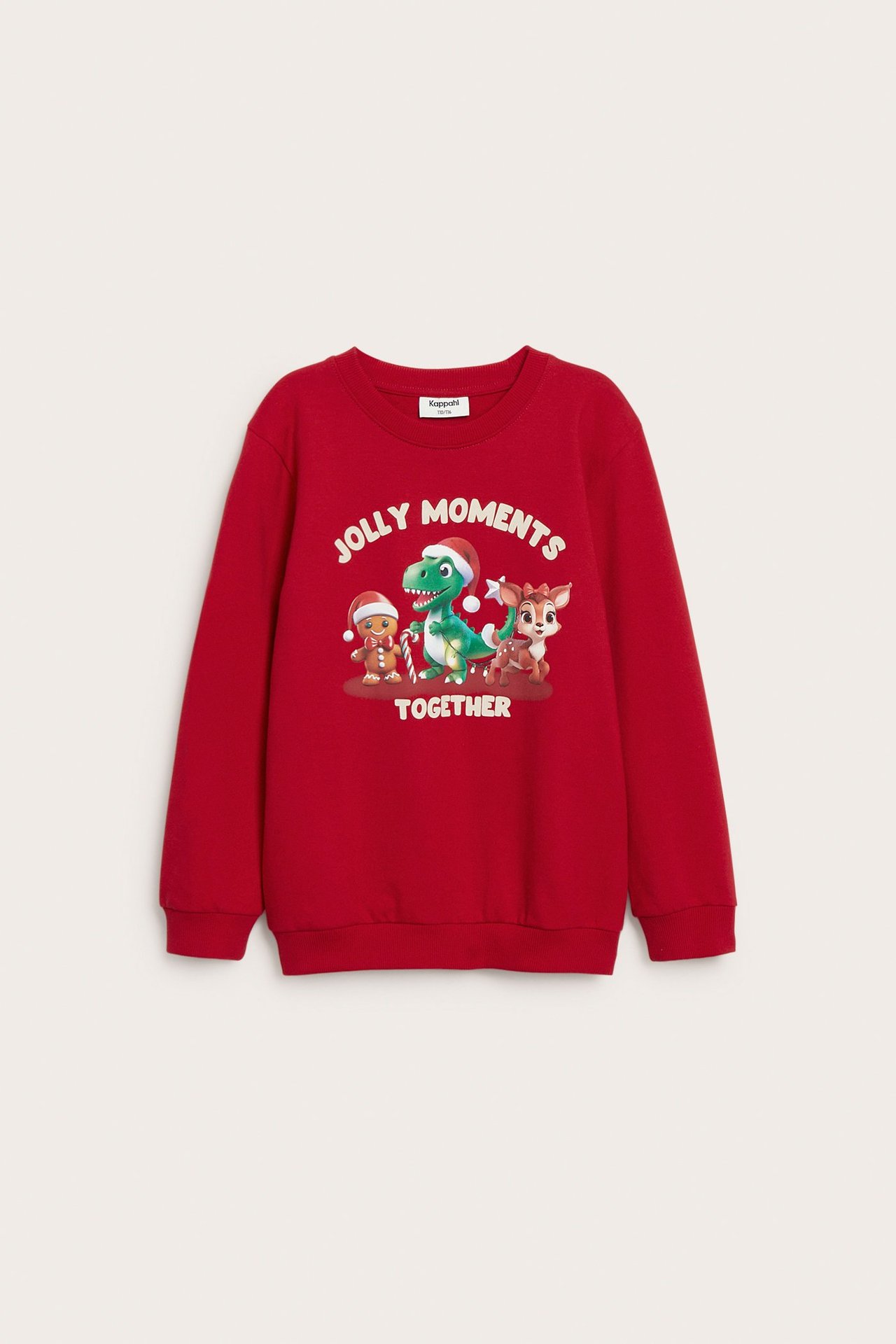 Z przodu: Czerwona bawełniana bluza dziecięca z nadrukiem dinozaura, piernikowego ludzika i sarny.