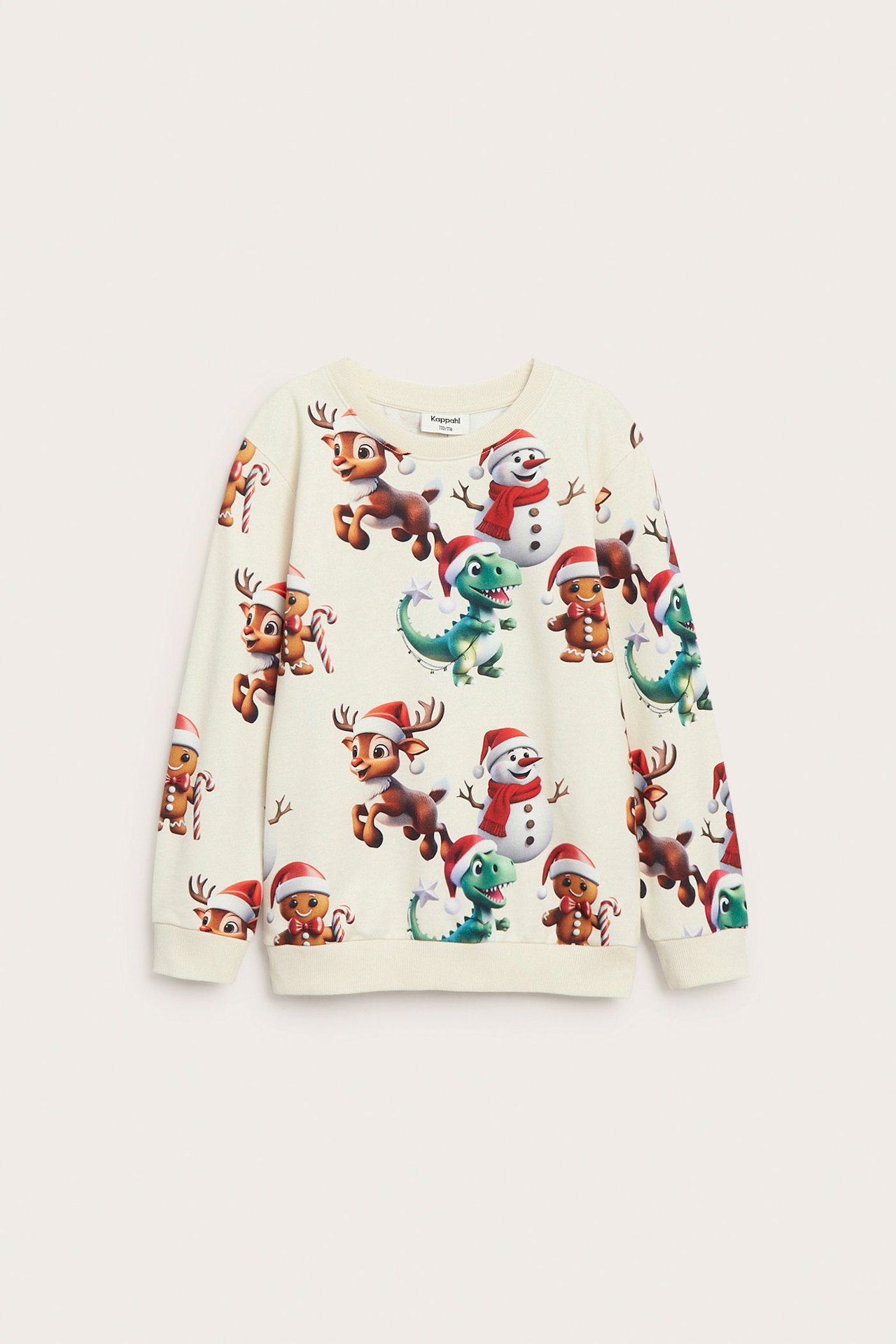 Framifrån, barns ljusbeige bomullssweatshirt med julmotiv av dinosaurier, renar, snögubbar och pepparkaksgubbar över hela.