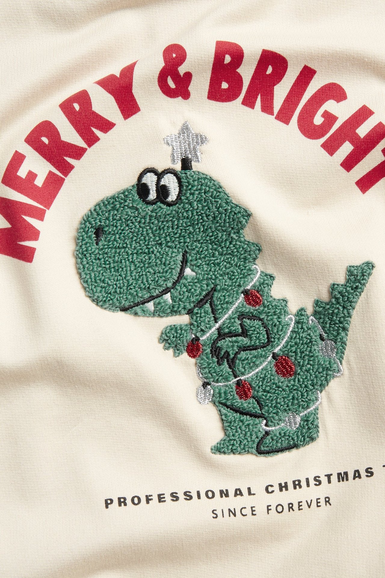 Zbliżenie: Dziecięca jasnobeżowa bluza bawełniana z zielonym świątecznym dinozaurem i "MERRY & BRIGHT".