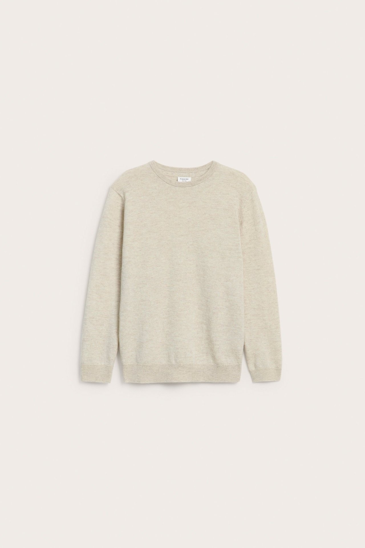 Edestä, beigenvärinen meleerattu neulottu villapaita ribbireunoilla ja helmalla.