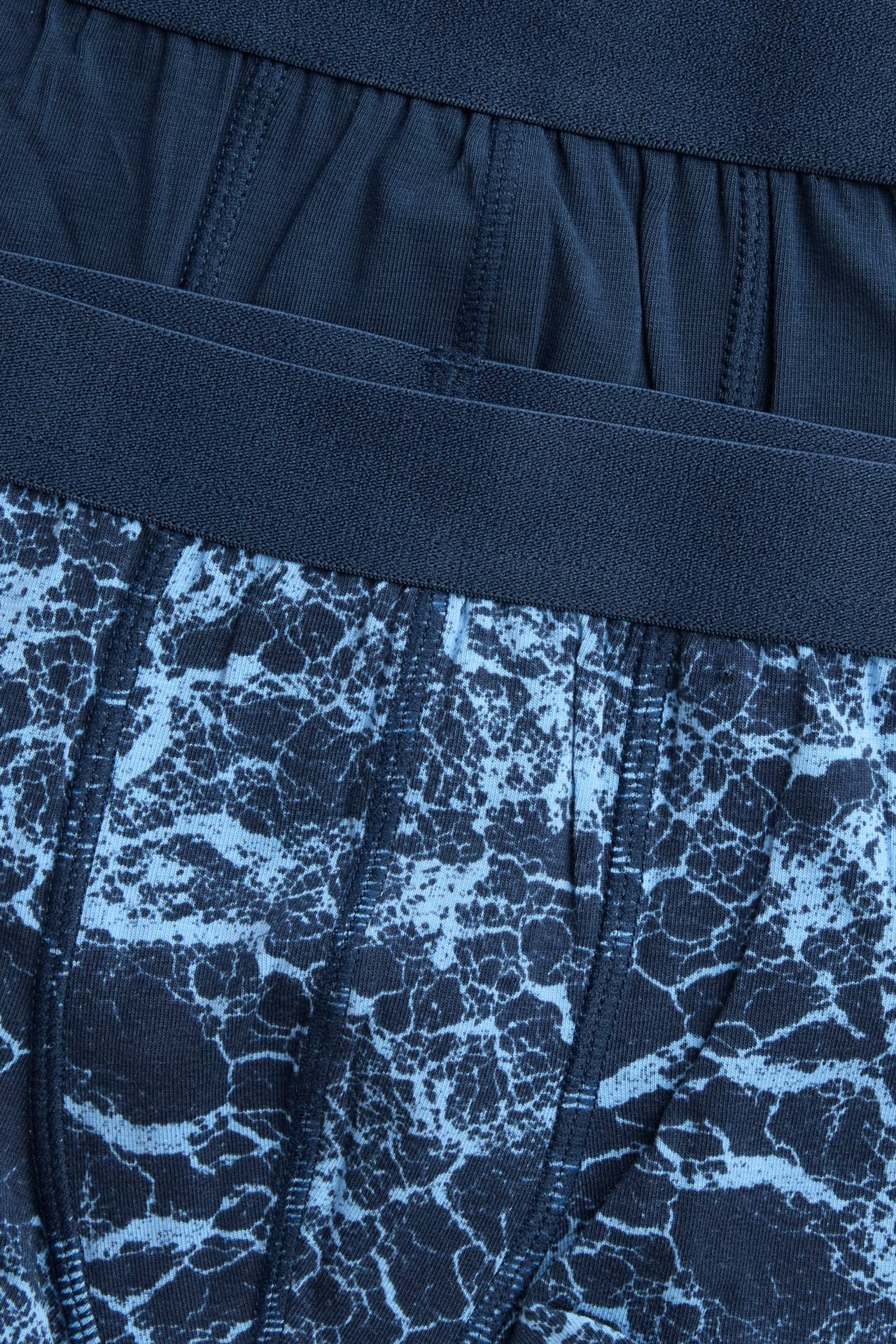 Zbliżenie na dziecięce ciemnoniebieskie wzorzyste bokserki z gumką i jednolitą ciemnoniebieską parę z tyłu.