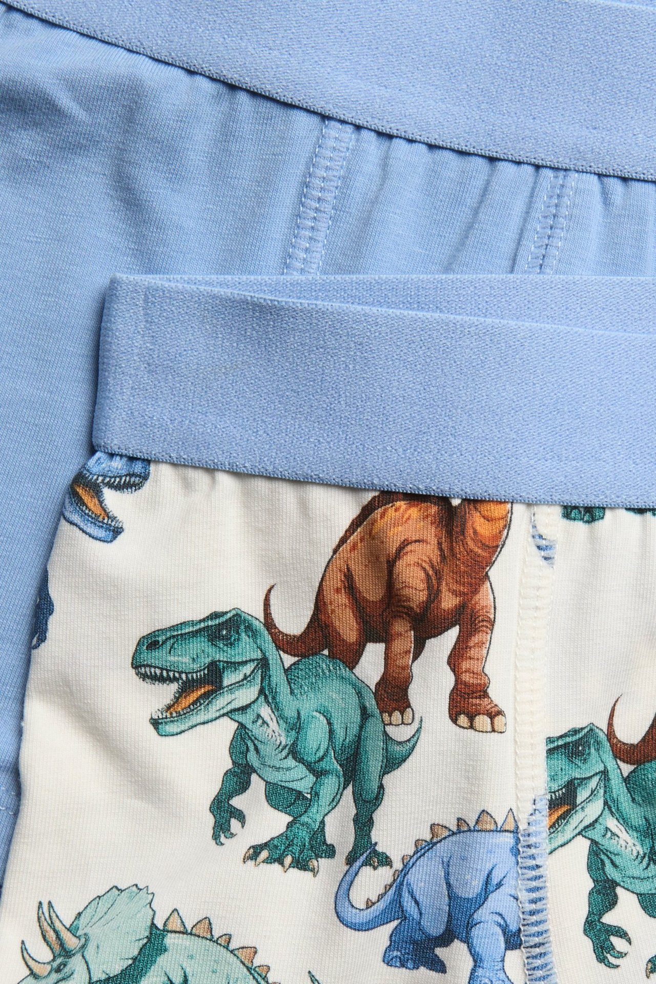 Widok z góry dwóch par bokserek dziecięcych; jedne jasnoniebieskie, drugie beżowe z wzorem dinozaurów.