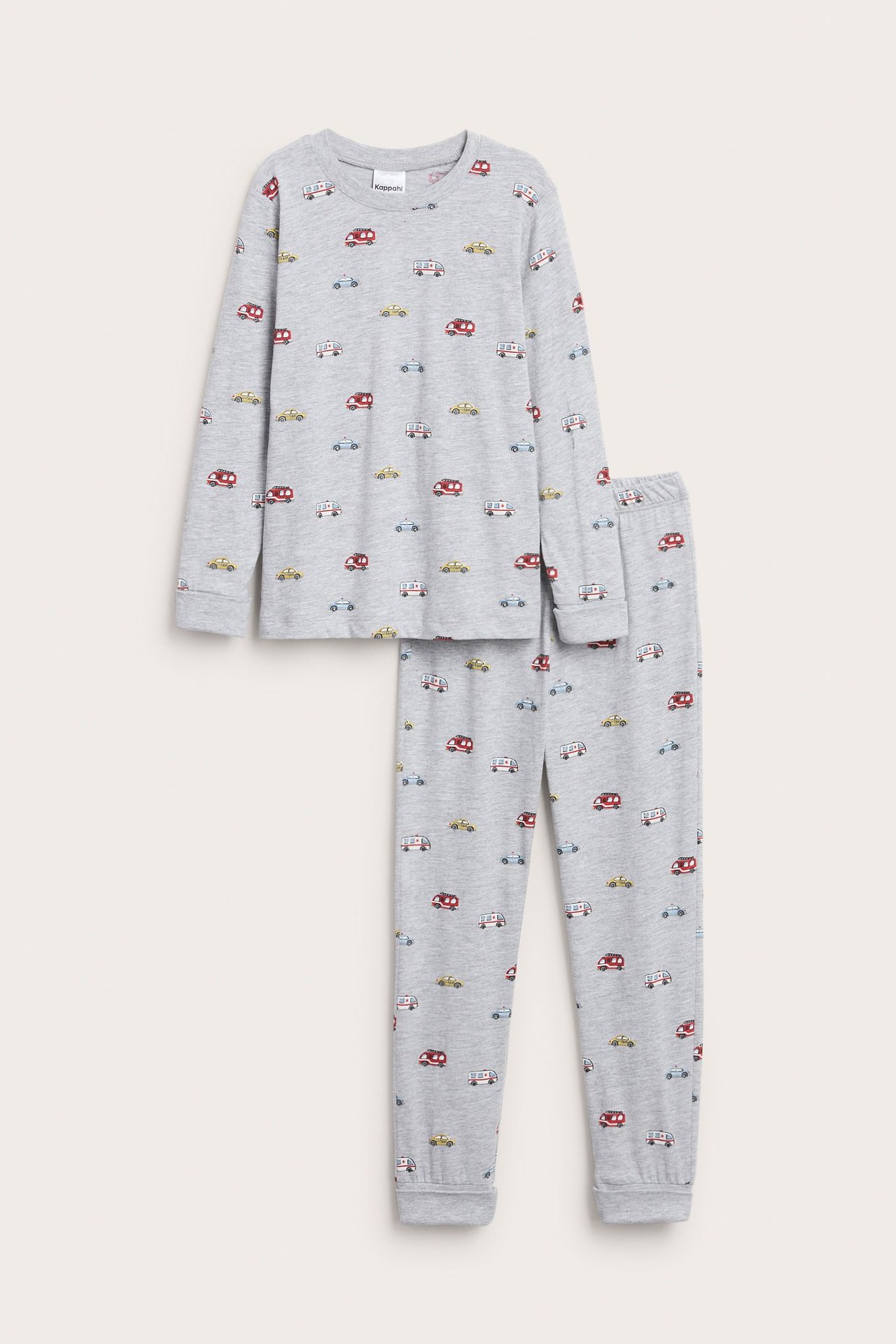 Pitkähihainen harmaasävyinen pyjama autoteemalla, joustovyö, pyöreä kaula-aukko, koko 86/92-122/128.