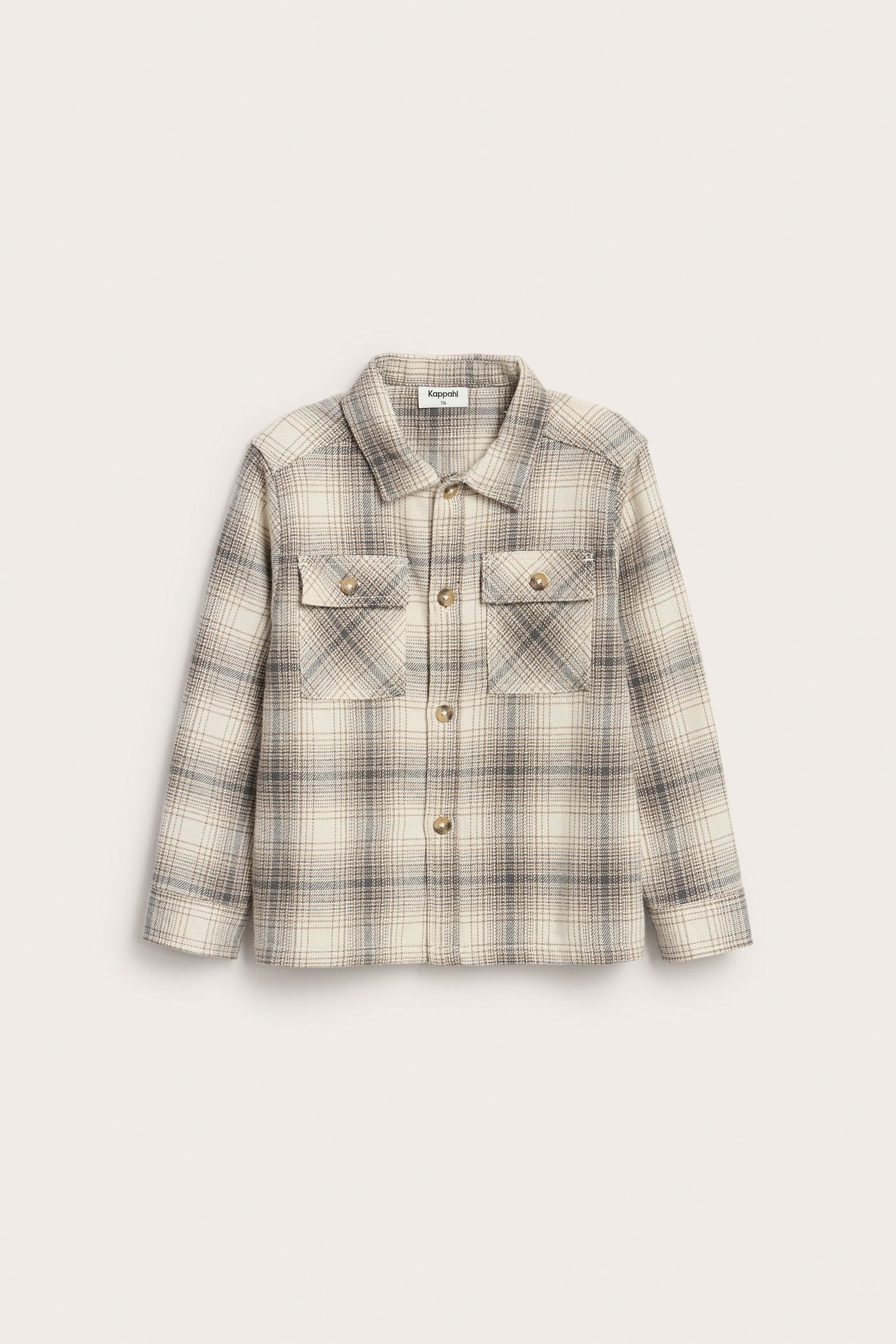 Ljusbeige rutig overshirt i flanell för barn med knappstängning och bröstfickor, frontvy.