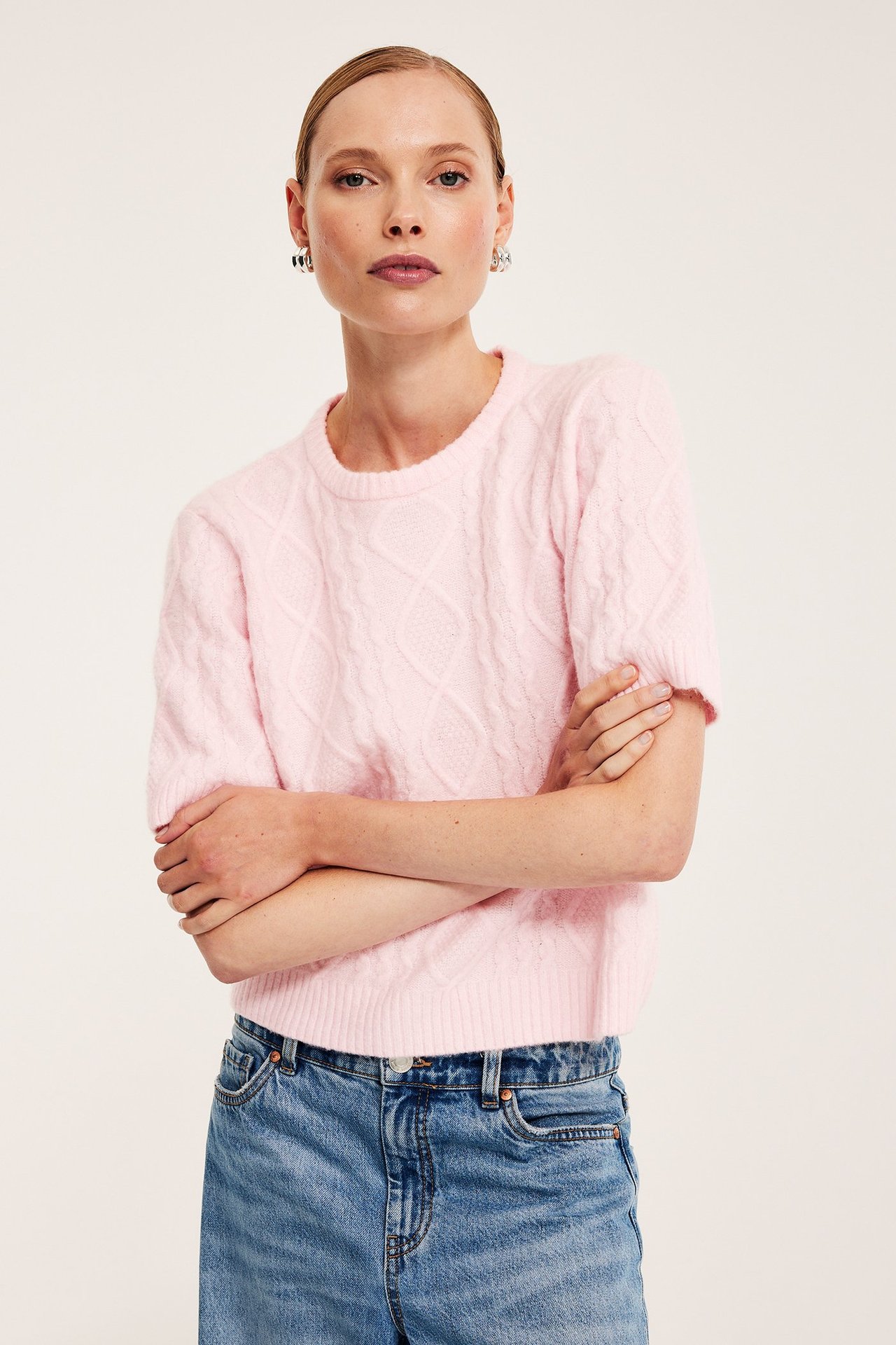 Sweter z dzianiny w warkocze - Jasnoróżowy - 4