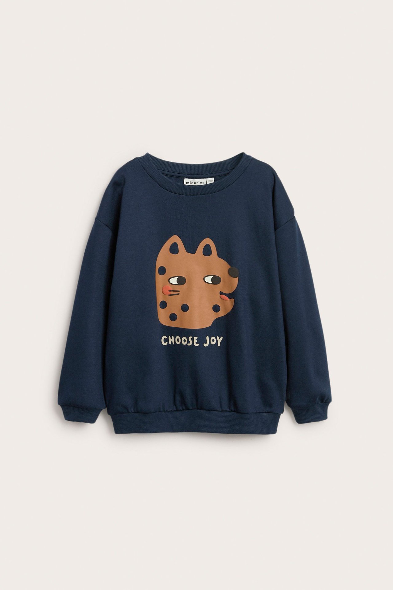 Mørk blå sweatshirt med dyremønster hund og 'Choose Joy', avslappet passform.