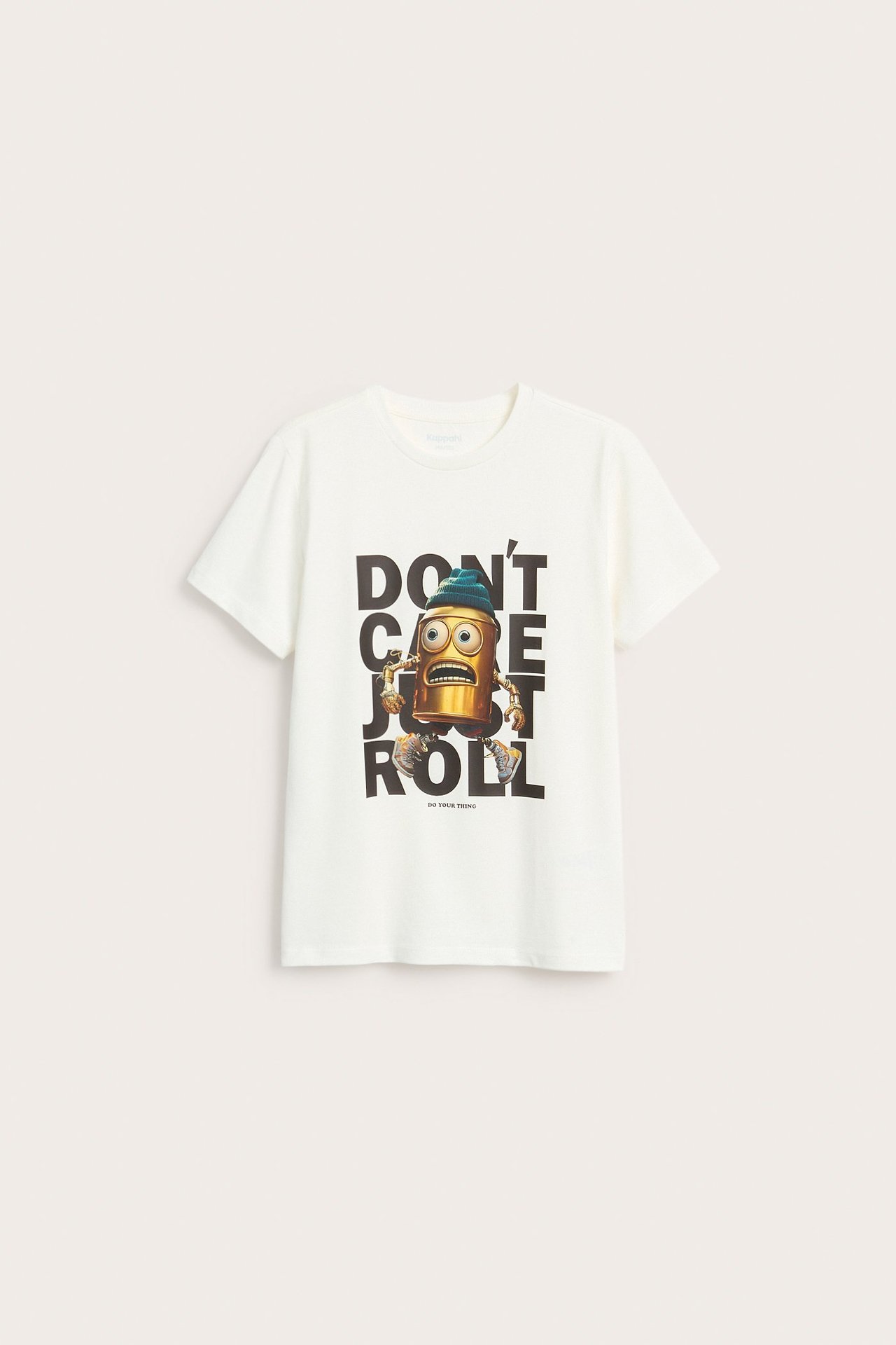 Widok z przodu: ecru bawełniany T-shirt z graficznym nadrukiem "DON'T CARE JUST ROLL".